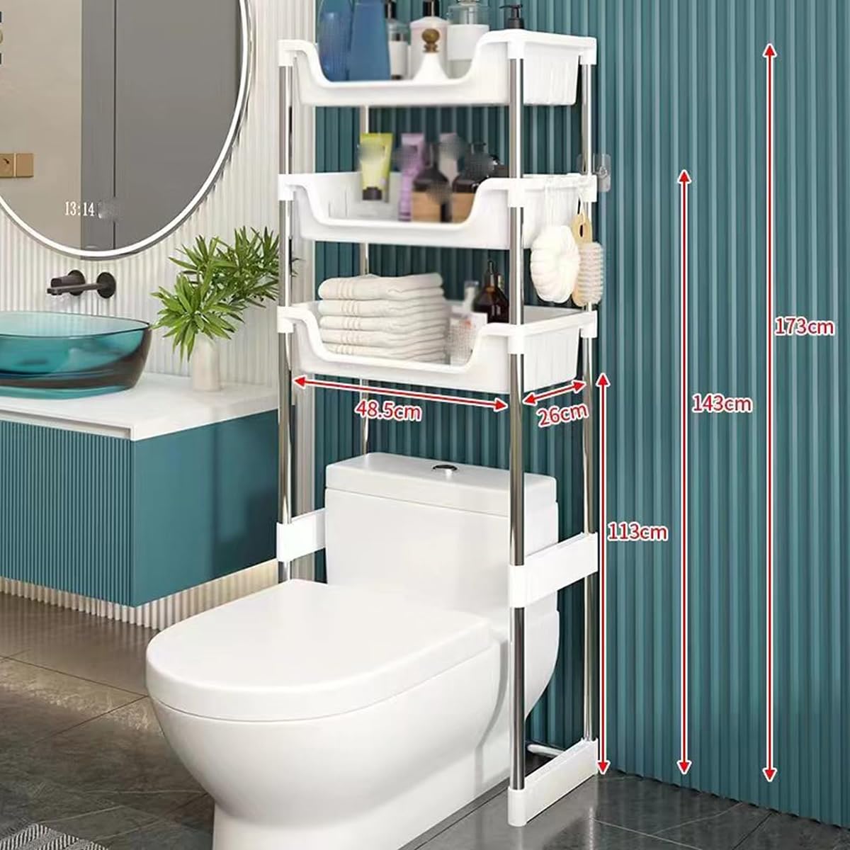 Organizador de estantes para baño sobre el Inodoro, Estante Independiente Que Ahorra Espacio con Ganchos, solución de Almacenamiento compacta para Espacios pequeños, Estante Multifuncional p