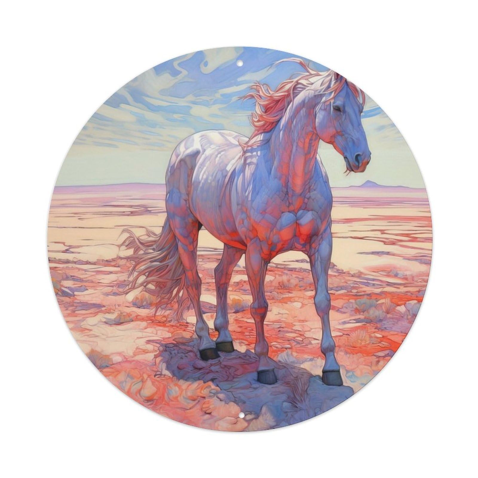 Animal Art Handsome White Horse Vintage Metal Tin Sign Plaque Wall Decor for Cafe, Club, Garden Round Metal Poster 8x8Inch