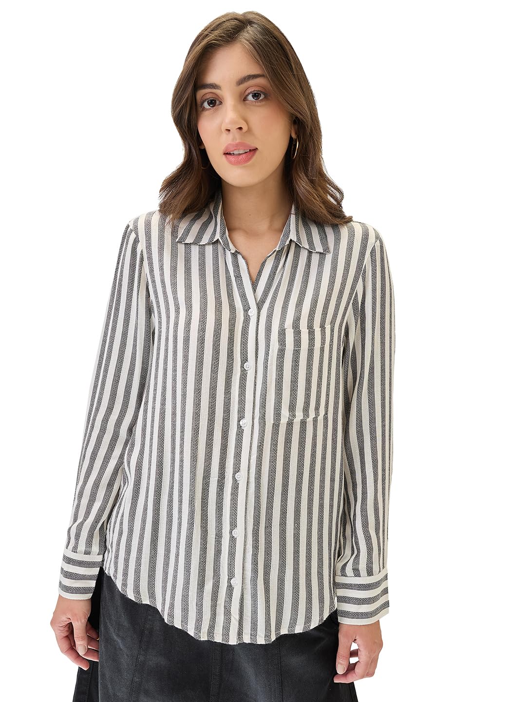 Women Striped Collared Neck Cuffed Sleeves Front Pocket Curved Hem Workwear Shirt