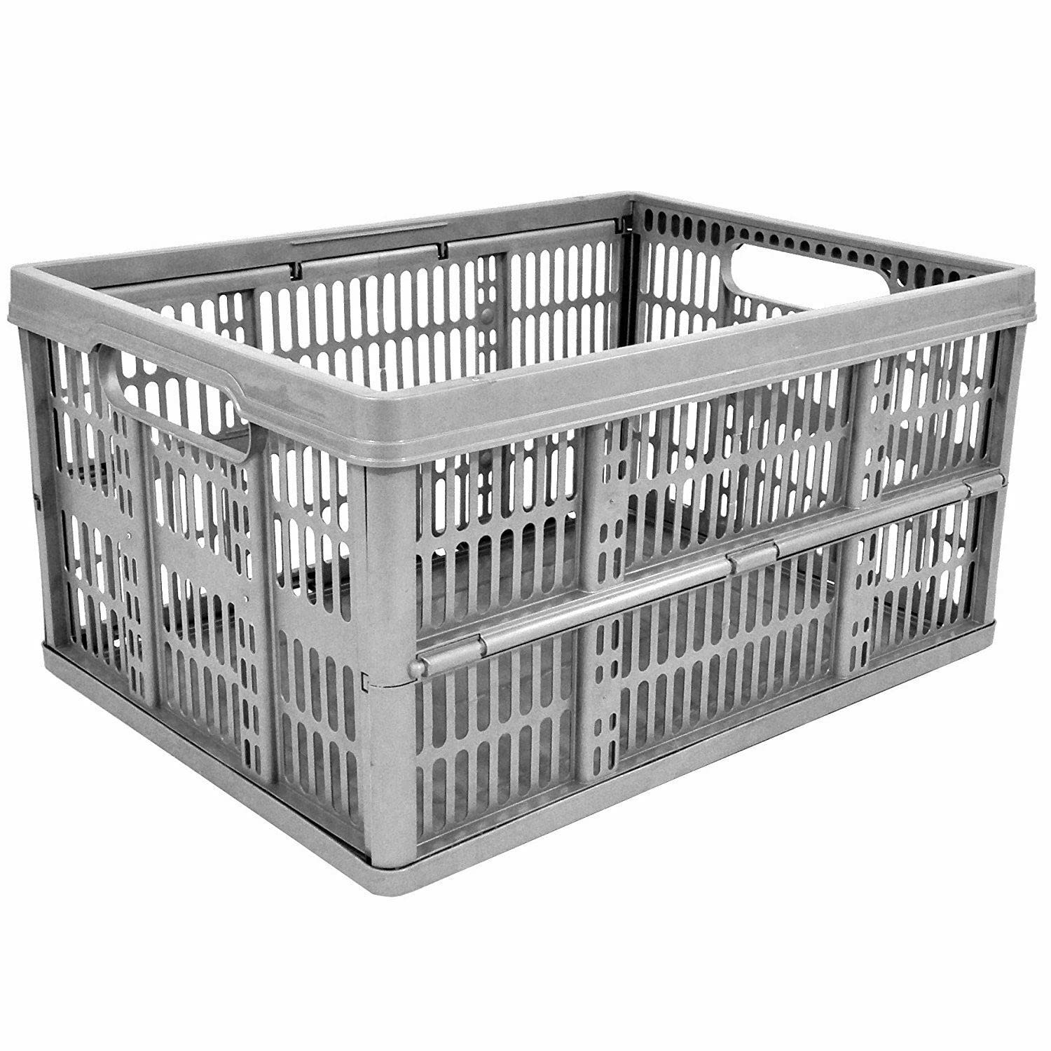 Homexpress Platinum Silver 32L Folding Crate | Stackable & Collapsible Foldable Plastic Storage Basket (1)