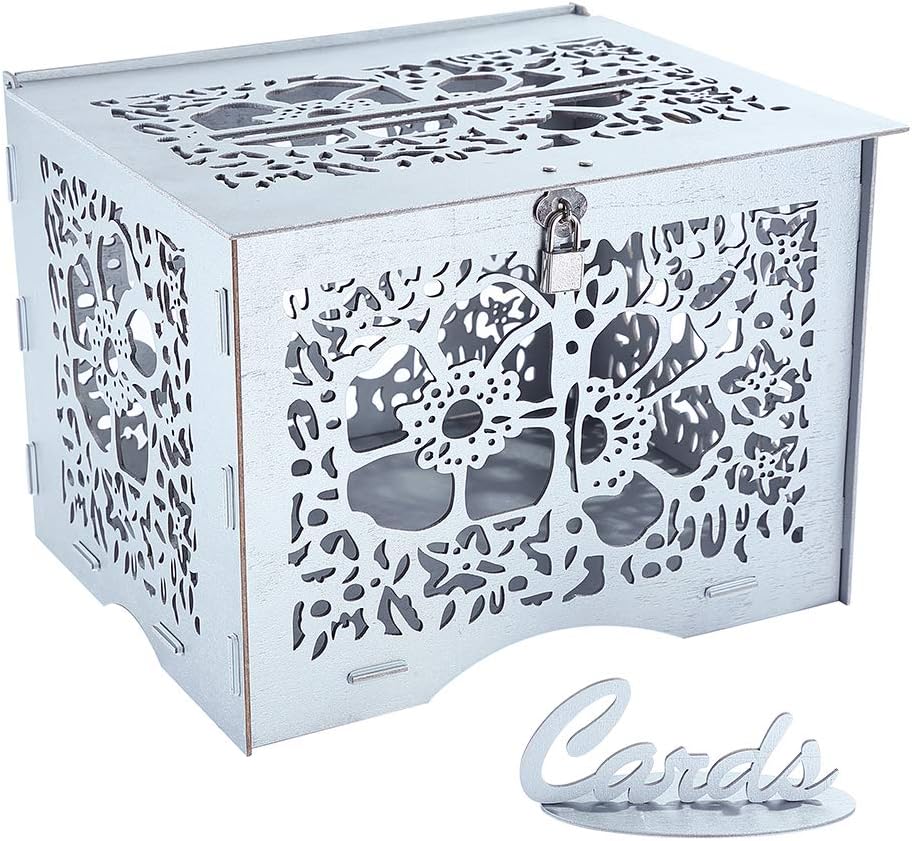 Artmag Wedding Money Box Holder with Sign, Large Rustic Wood Wooden DIY Envelop Gift Card Boxes with Lock Slot for Reception Anniversary Graduation Birthday Parties Baby Shower (Silver)