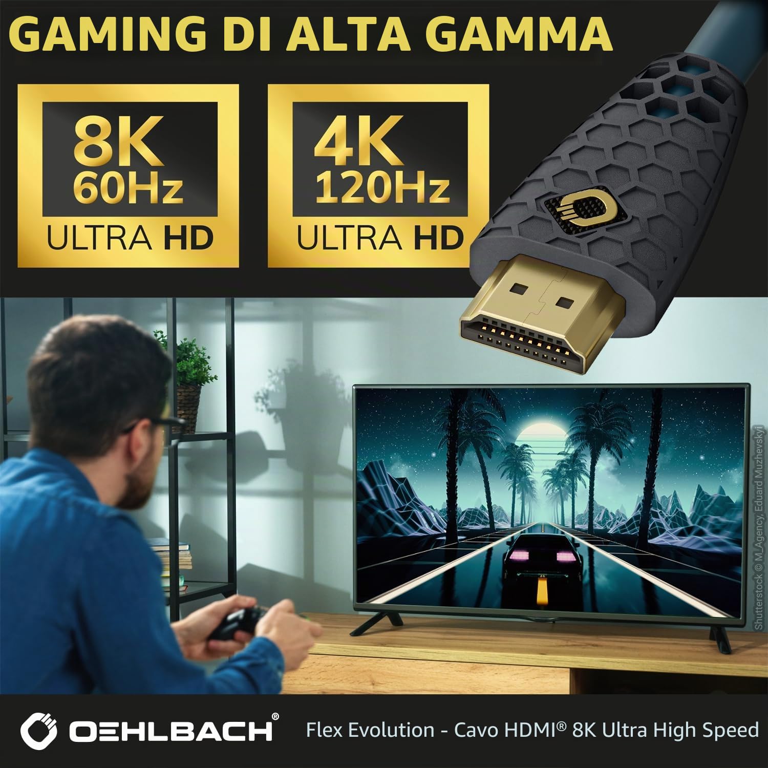 OEHLBACH Flex Evolution - Cavo HDMI ultra ad alta velocità, protezione antipiega brevettata, 8K UHD 60Hz 4320p, 4K 120Hz, 2160p - 48Gbit/s, 21:9 Cinema, 3D, Dolby Vision, Dynamic HDR 10+, VRR, eARC,