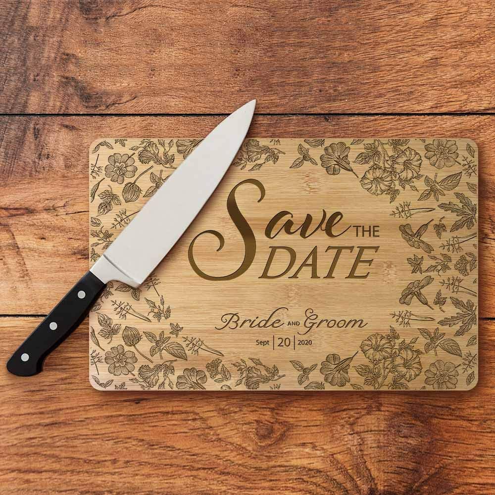 The Geeky Days Personalized Floral Save the Date Bamboo Butcher Block Custom Laser Engraved Wood Cutting Board for Kitchen Decor Wedding Bridal Shower Gift