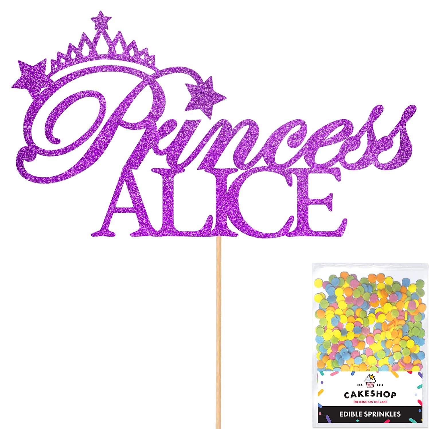 Personalised Birthday Princess Glitter Cake Topper- Purple Any Custom Name Glitter Cake Decoration and Sprinkles - Happy Birthday Decorations - Personalised Toppers for Cakes by Cakeshop โ image 1