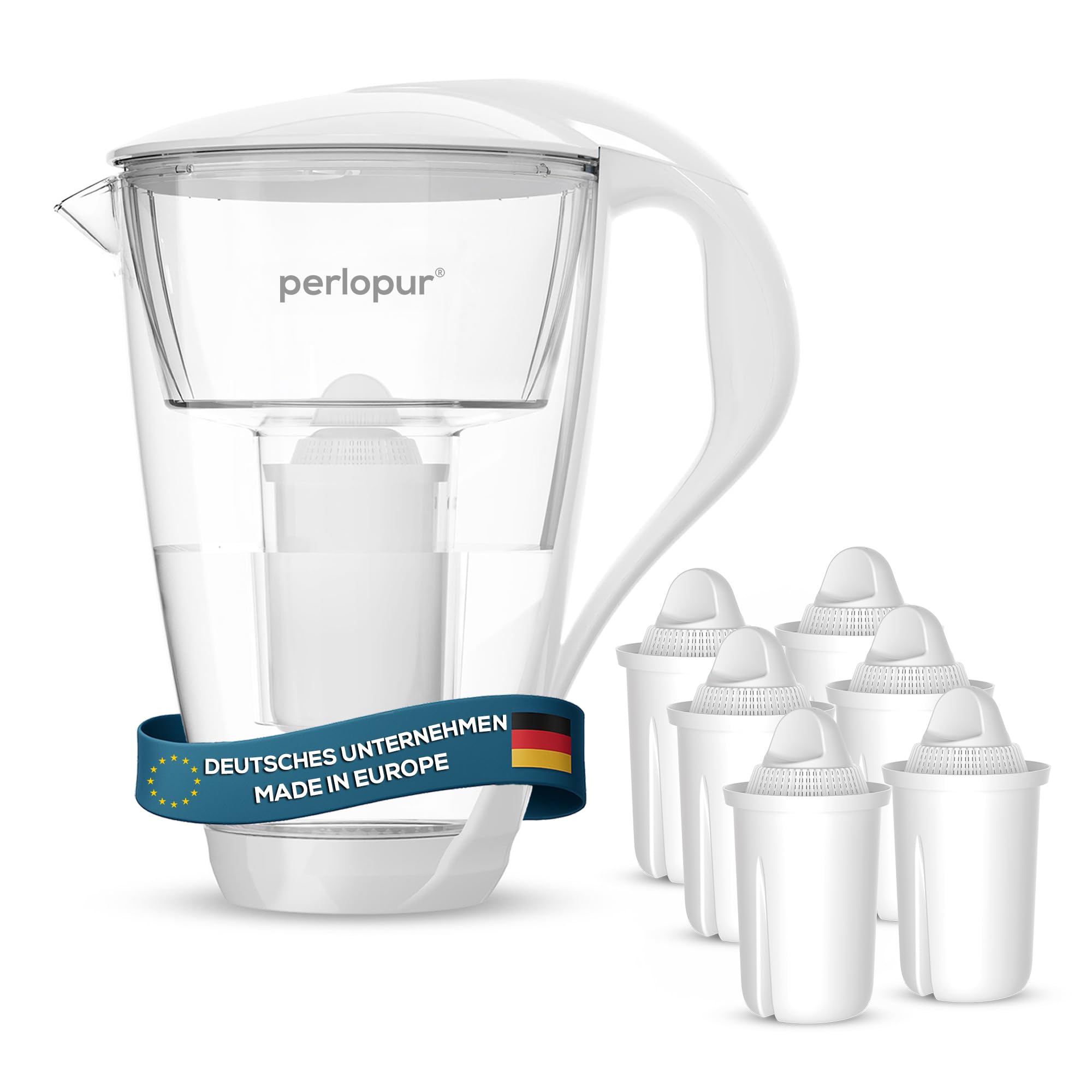 PearlCo, Caraffa filtrante in vetro, incluso un set di6 cartucce filtranti sufficienti per 6 mesi (compatibili con Brita classic) bianco