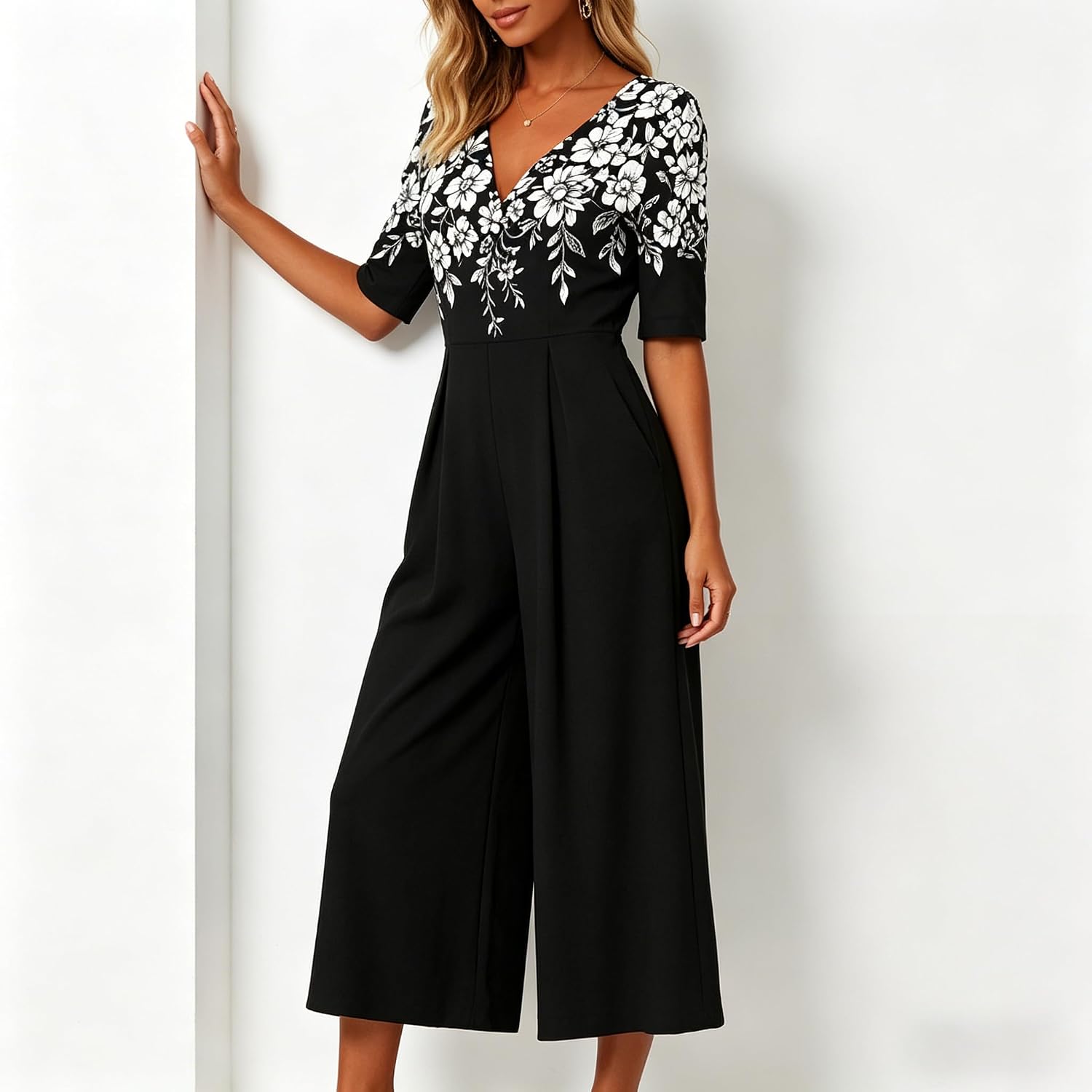 LOVESHOOT Womens Jumpsuit Dressy Summer Casual Boho Floral Short Sleeve Jumpsuit V Neck Wide Leg Flowy One Piece Bodysuit