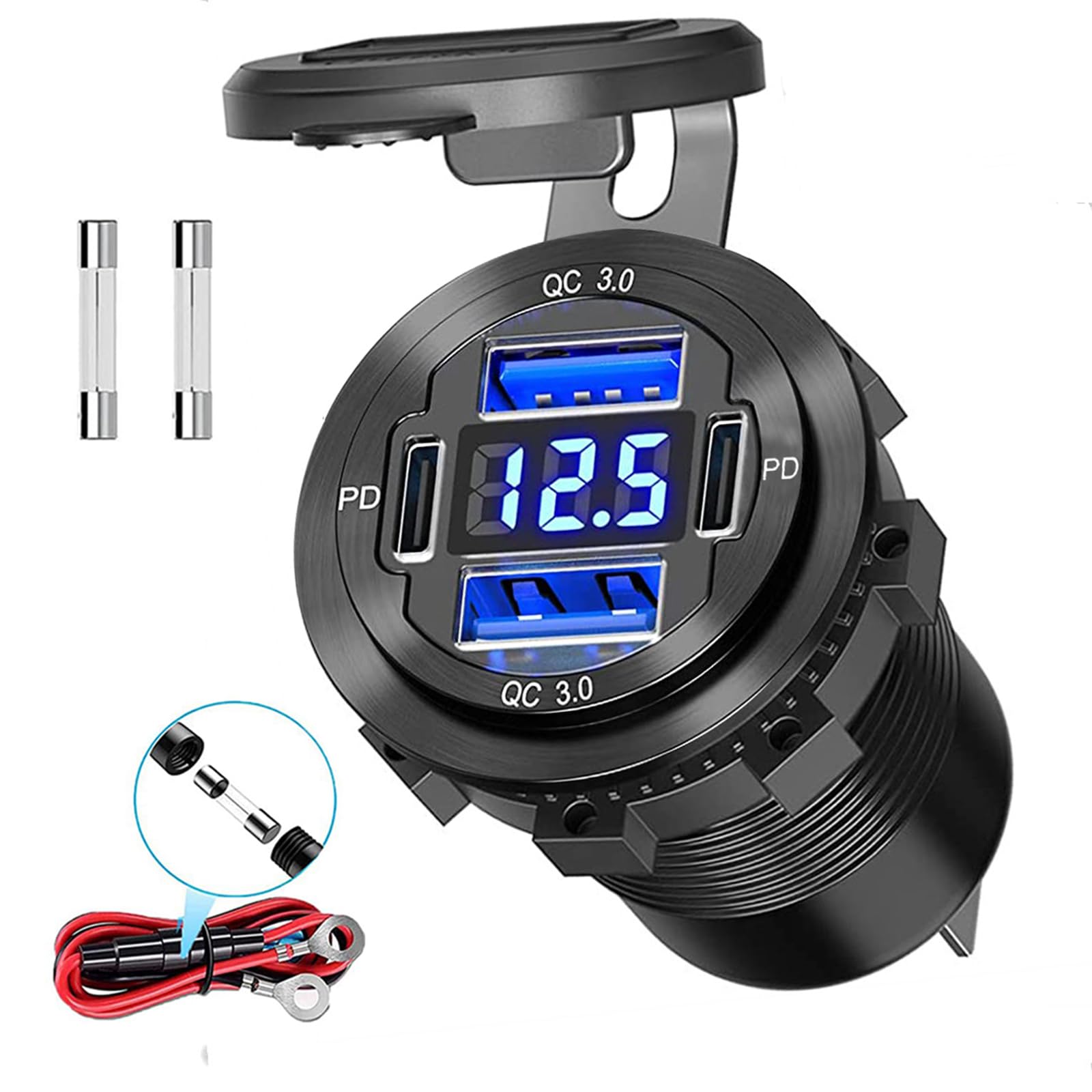 78W Quad-Port 12V USB Outlet - Dual QC3.0 & PD3.0 Quick Charge Car Charger Socket with Voltmeter, Aluminum Alloy Waterproof USB C Port for Car Boat Marine Motorcycle RV Truck ATV Golf Cart
