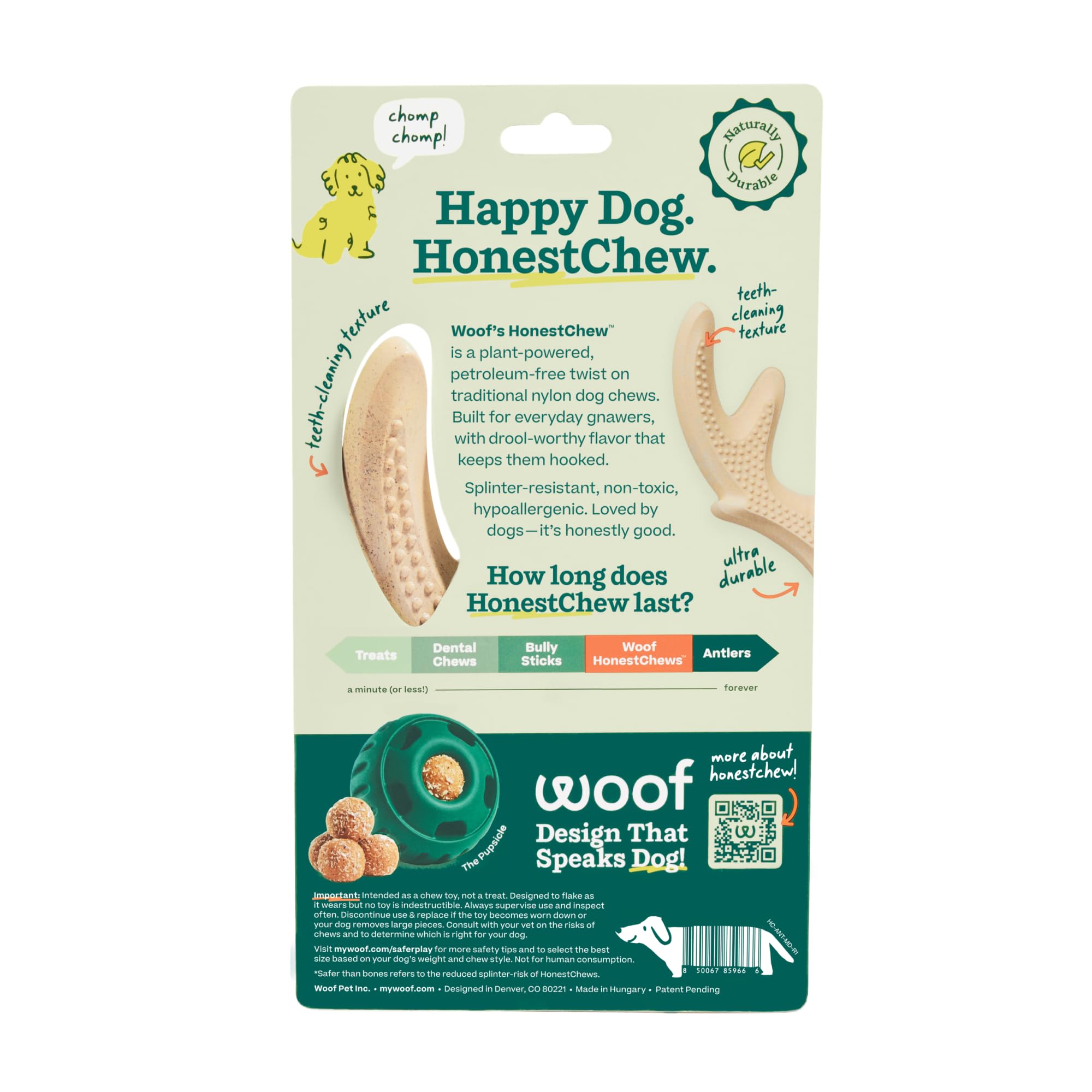 WOOF HonestChew Zabawka dla psa poroże, trwała zabawka do żucia dla psa, wykonana z naturalnych, roślinnych składników - odporna na zachlapanie - bezpieczniejsza niż kości psa, średnia