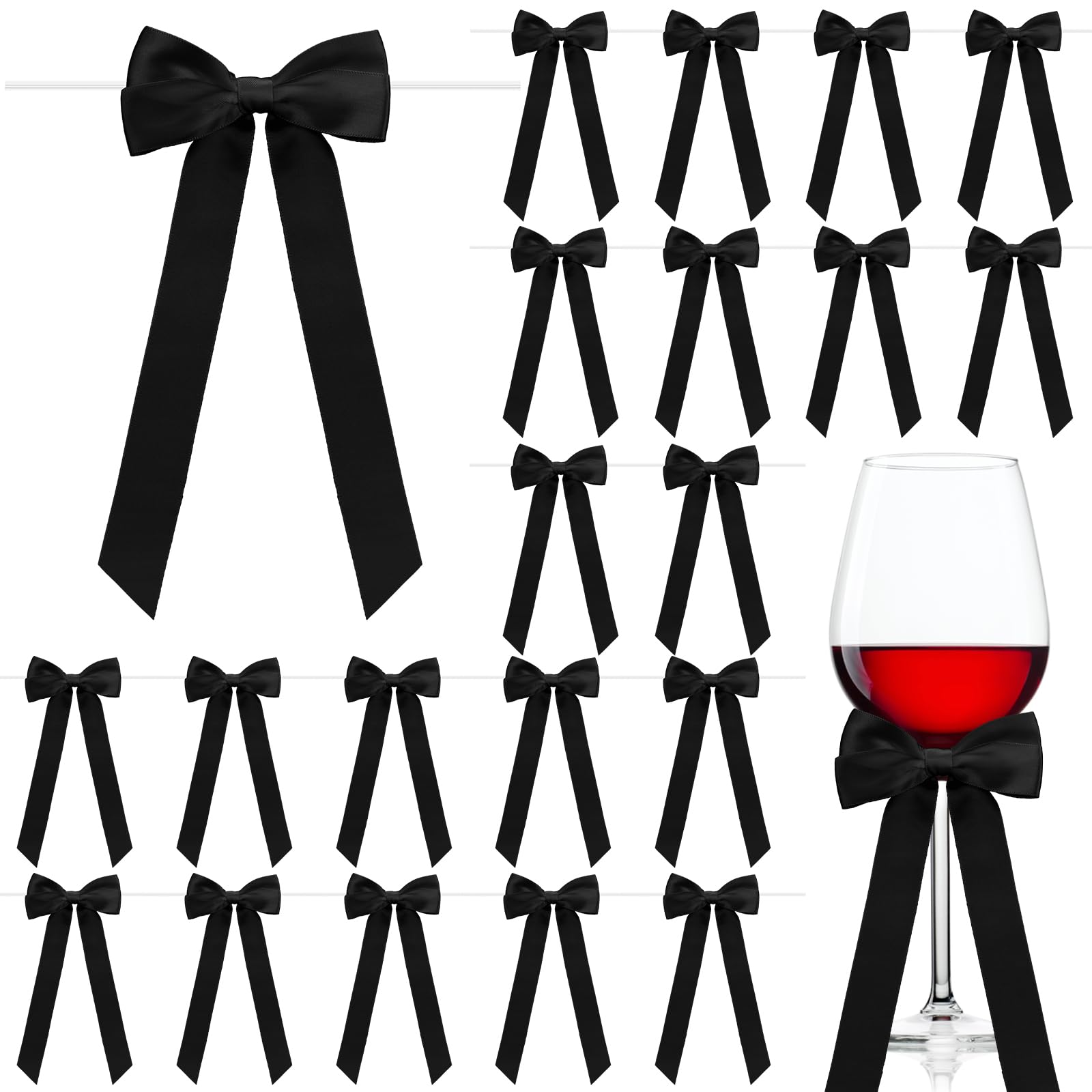 Hoteam 24 Pcs Long Satin Twist Tie Bow, 3 x 8 Inch Ribbon Bow for Champagne Bottle Wine Glasses Candlestick Treat Bag Gift Wrapping Garland DIY Craft