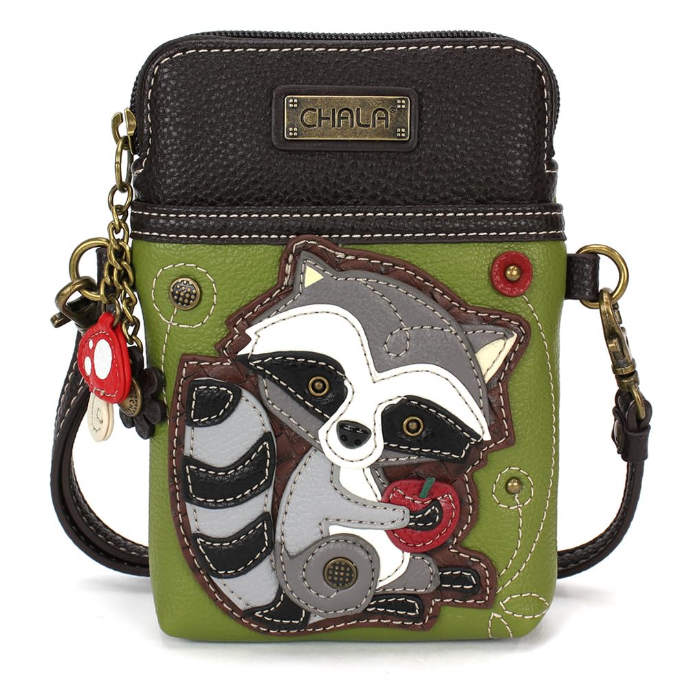 CHALA Woodland Animal Collection Cell Phone Crossbody Purse-Women PU Leather Canvas Multicolor Handbag with Adjustable Strap - Raccoon
