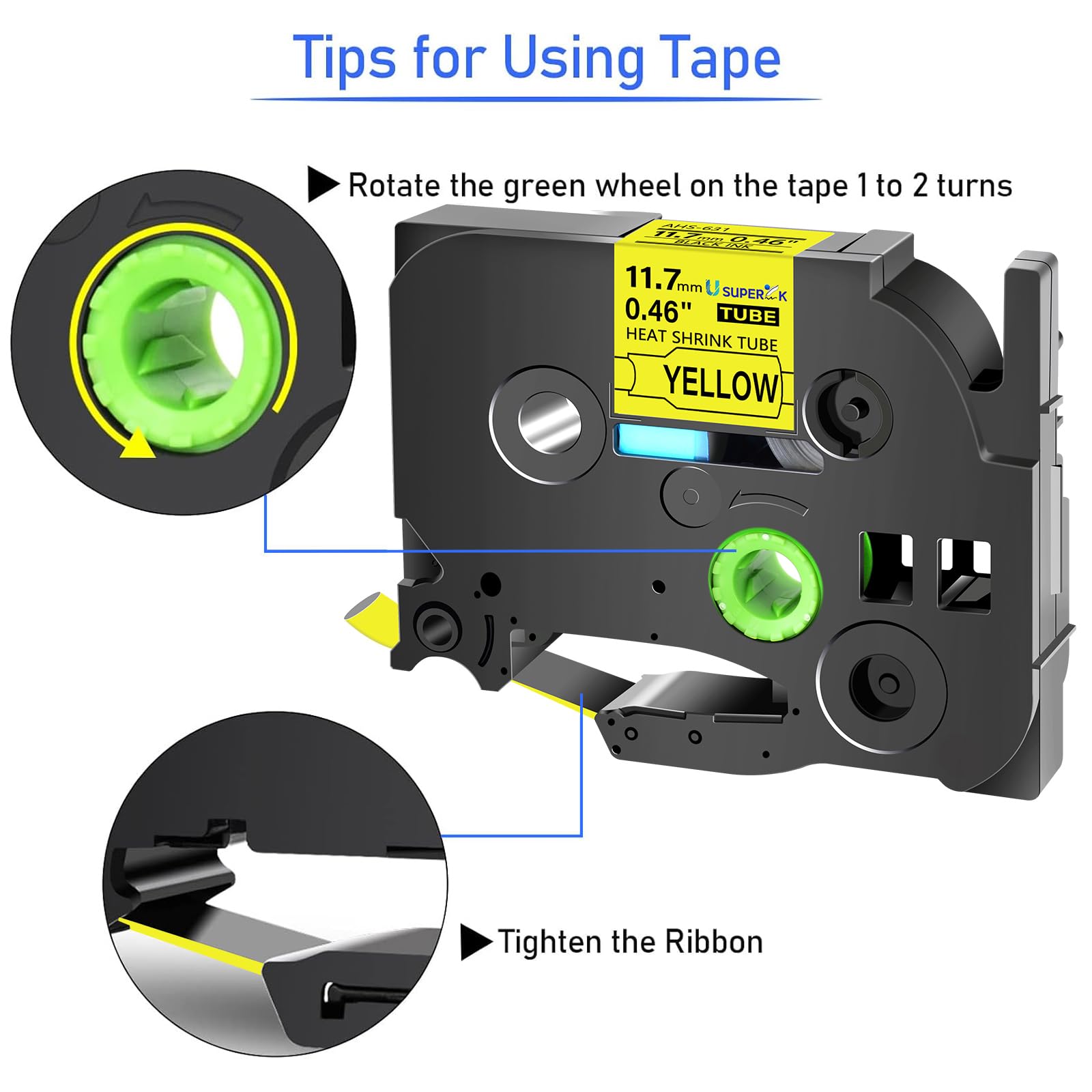 SuperInk - Nastro termorestringente per stampanti Brother HSe-631 HS-631 HS631 nero su giallo, per stampanti PT-D210 D200 D400 D450 D600 H300 P700 P900 (0,46''x 1,6''x 1,6'') 5 m. ,7 mm x 1,5 m.