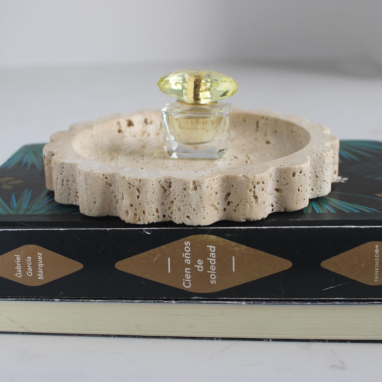 Petit Plateau Rond festonné en marbre Naturel de 16 cm pour Table de Chevet, Commode - Plateau à Bijoux pour Femme (travertin Beige)