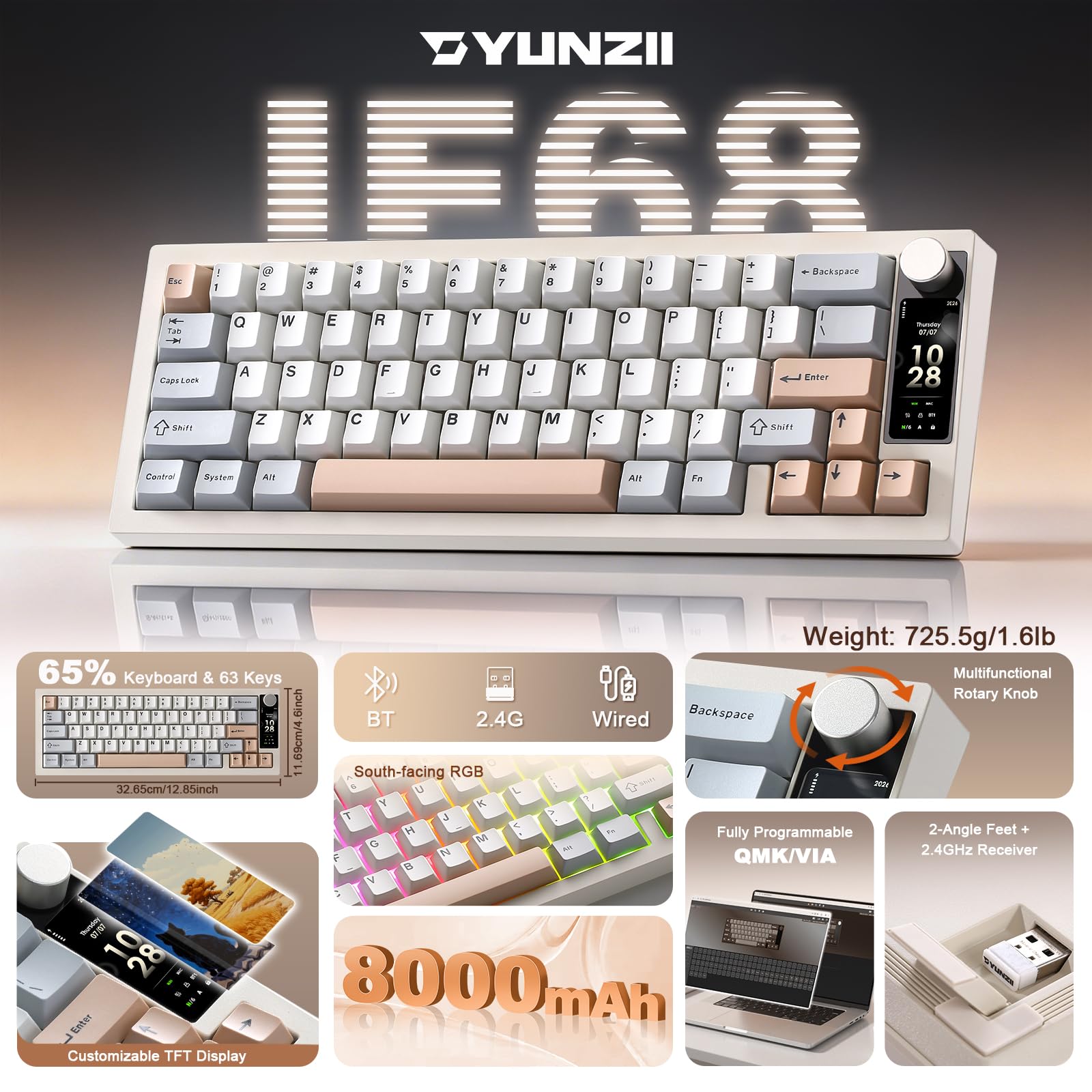YUNZII IF68 QMK/Via Clavier Gamer Mécanique sans Fil (Beige, Candy) | Format 65% avec Écran TFT et Bouton Rotatif, Bluetooth/2.4G/Filaire, Hot-Swap, PBT, RGB, QWERTY, pour PC/Mac