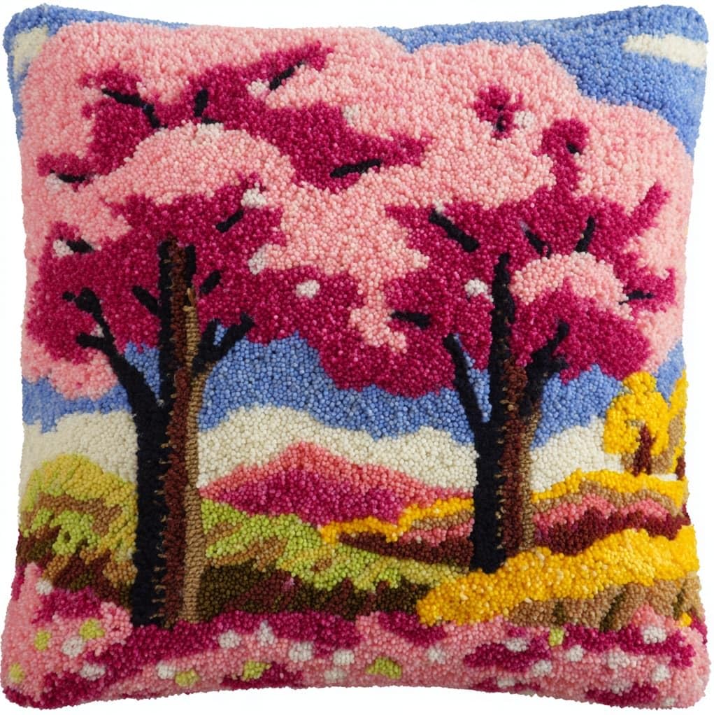 Henypt Latch Hook Cushion Making Set 17x17in,Flowering Trees Beginner Friendly DIY Needlecraft Craft Kit for Adults,Ideal for Sofa & Bedroom