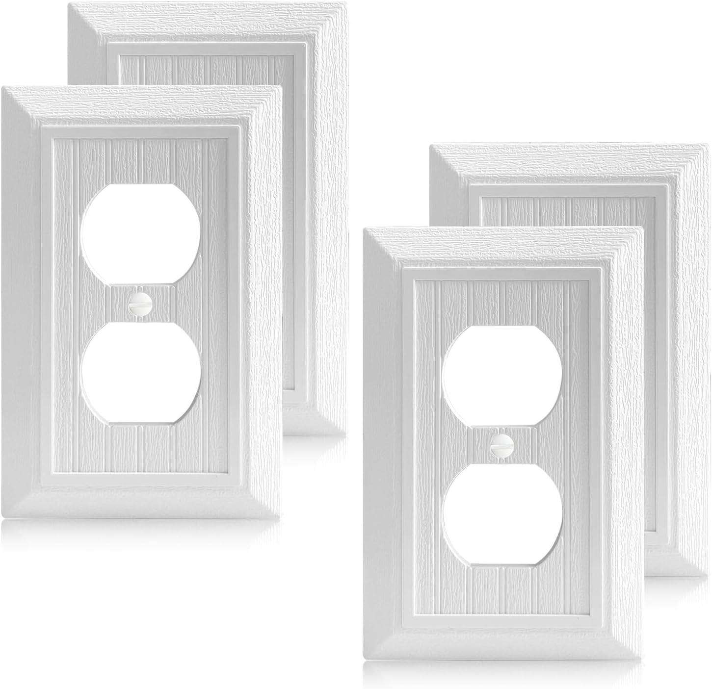 4-Pack White Outlet Covers Plate, Classic Retro Wood Grain Design Style, Modern Decorative Electric Receptacle Light Switch Cover Plates (1-Gang Duplex Mid-Size)