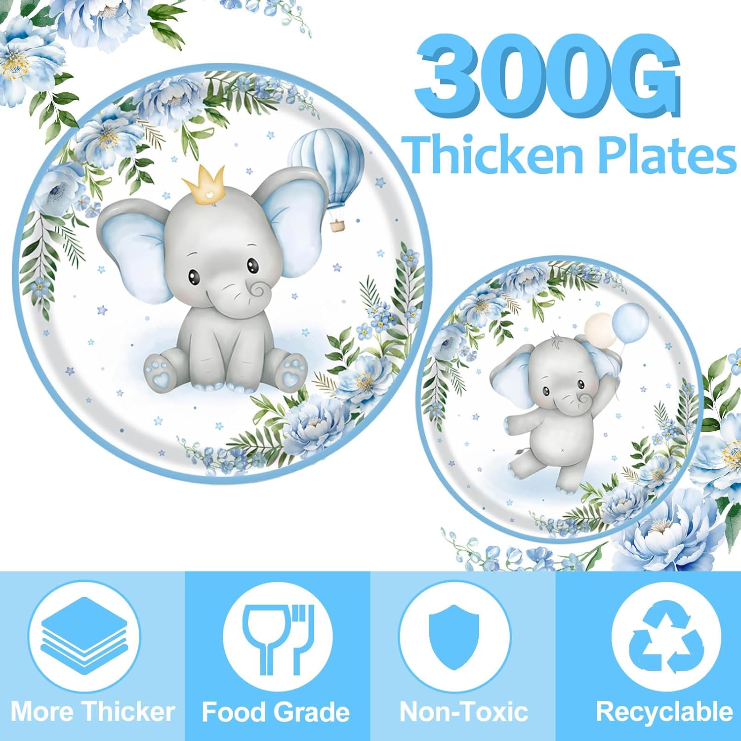 Elephant Baby Boy Shower Party Supplies - 175pcs Blue Elephant Party Decorations Paper Plates Napkins Cups and Utensils Tableware Sets Blue Floral Theme Birthday Party Tableware Set