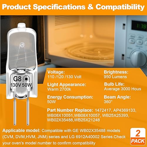 Miniatura 3 de Podoy WB08X10051 WB08X10057 - Bombilla para horno microondas compatible con perfil GE (paquete de 2) lámpara halógena de 130 V 50 W