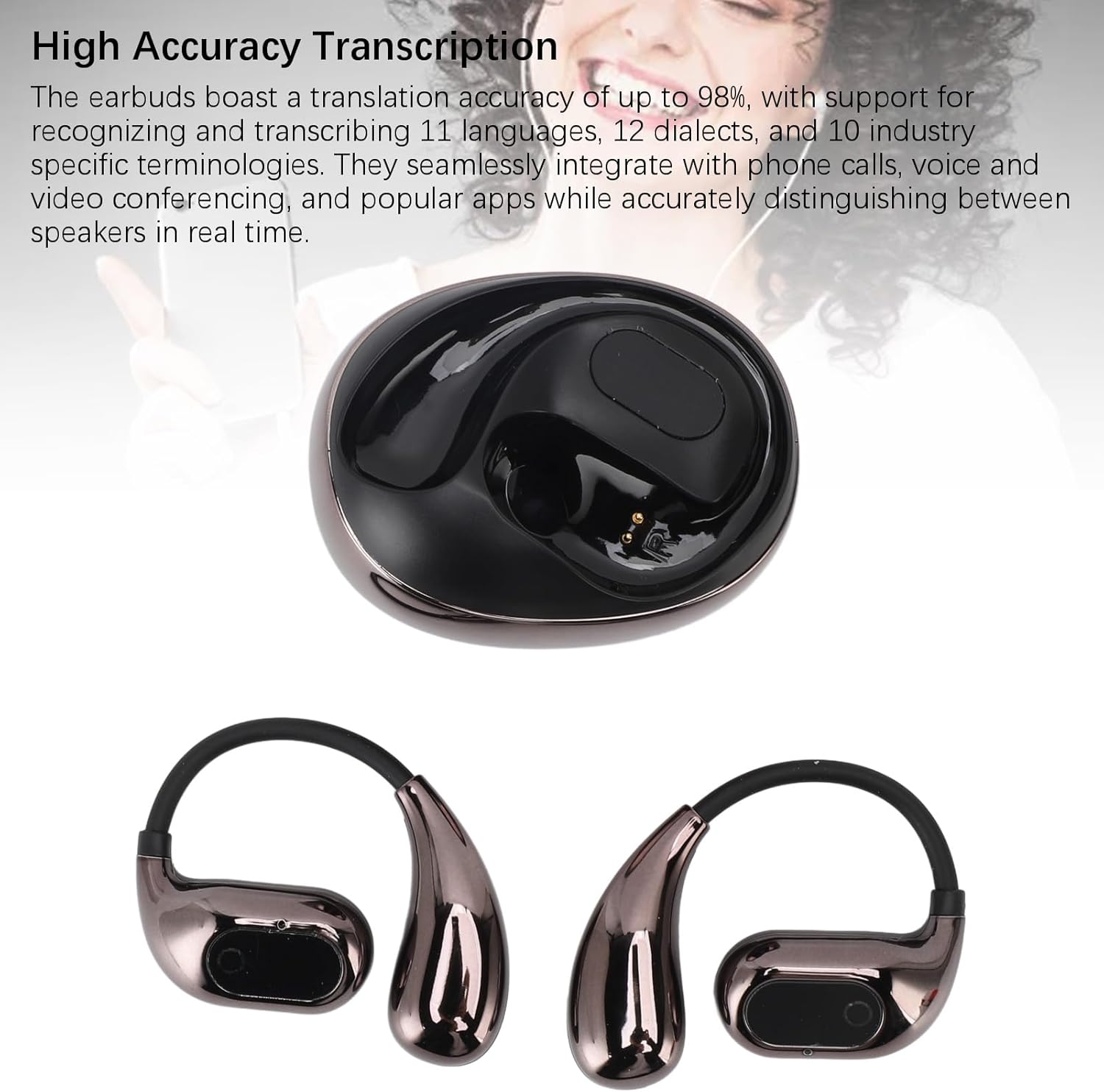 The ASHATA AI Language Translation Earbuds with text highlighting 'Up to 98% transcription accuracy'.