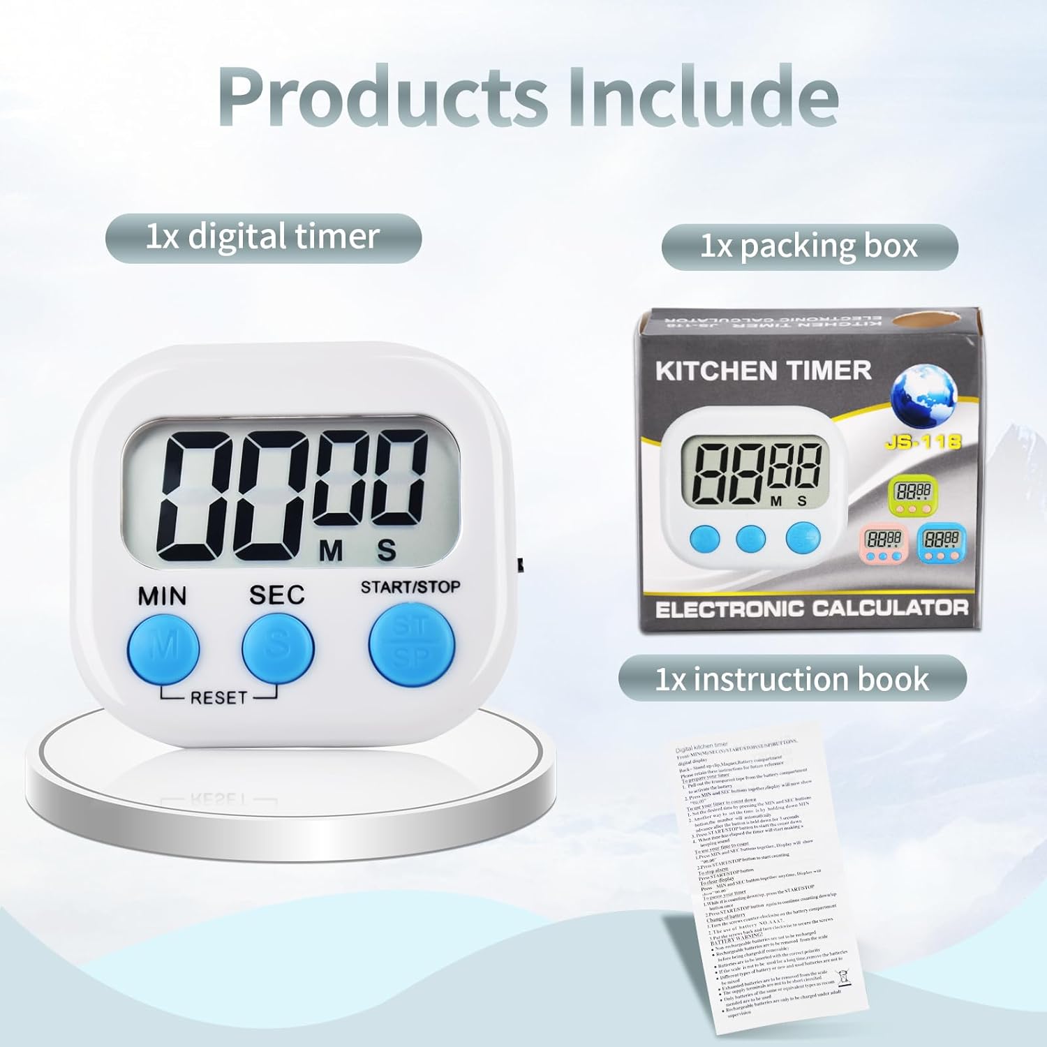 Set of 6 White Digital Kitchen Timers with Magnetic Backing