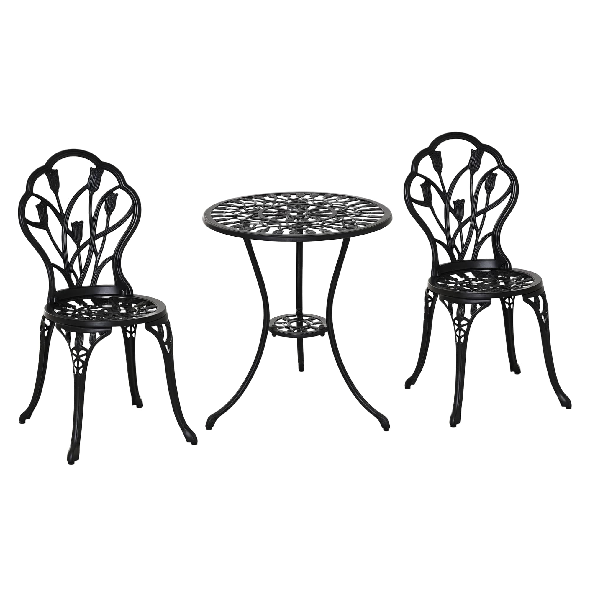Outsunny Conjunto de Mesa y Sillas de Terraza Exterior de Aluminio de 3 Piezas Muebles de Jardín con Respaldo con Patrón de Tulipán y Mesa con Orificio para Sombrilla Negro