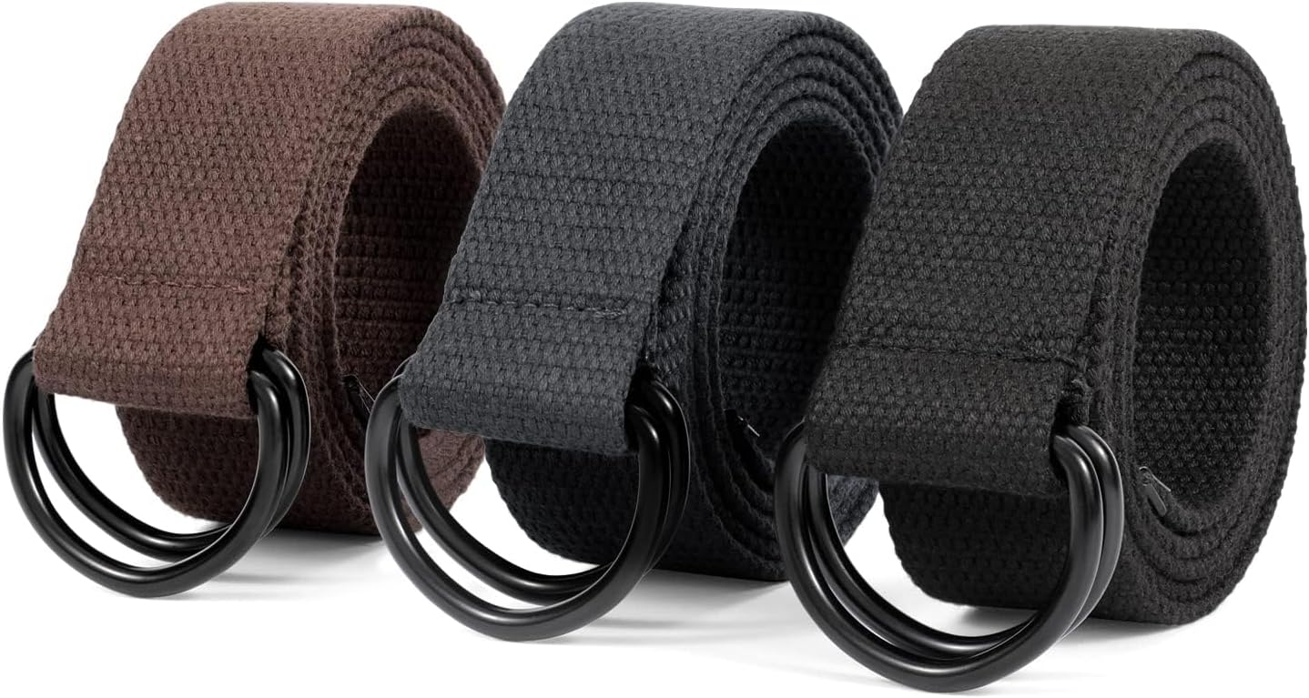 Men Canvas Belt Web Fabric Casual Belt with Black Double D-ring 1 1/2" Wide Set of 2