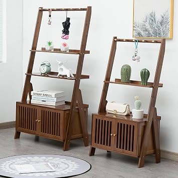 Bamboo Ladder Shelf Modern Wood Bookshelf Tall Bookcase Leaning Wall Shelves Open Standing Storage Rack Shelves for Living Room, Bathroom, Kitchen, Office(Brown, 4 Tier-27x12x59)