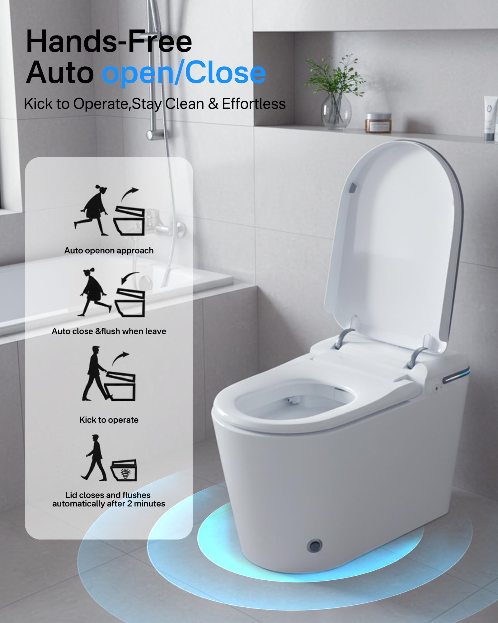 Toilette intelligente, Bidet monoblocco per bagni, WC moderno allungato con acqua calda, Doppio scarico automatico, Funzionamento del sensore del piede, Sedile bidet riscaldato, WC elettrico senza