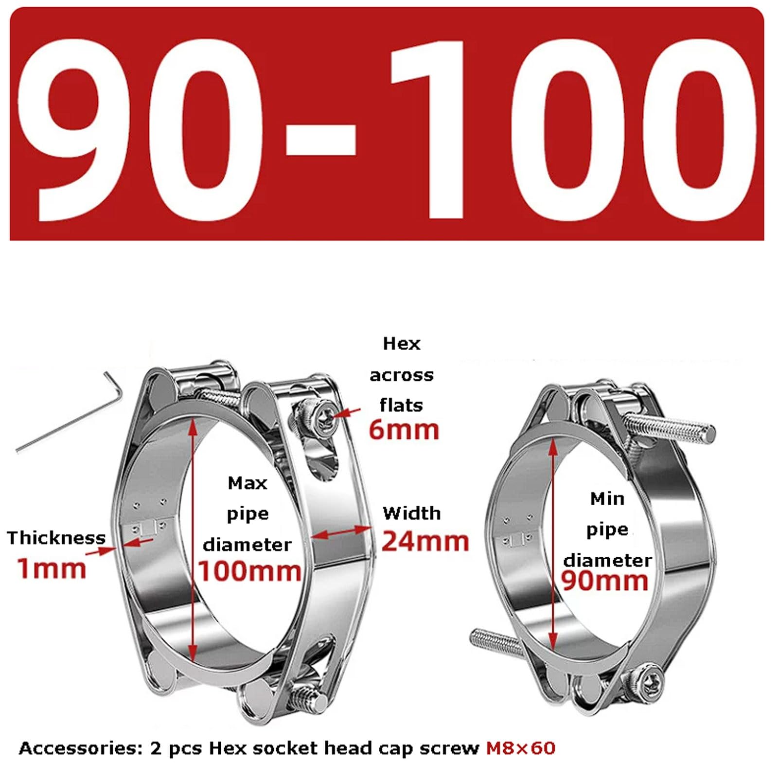 Abrazaderas para mangueras de doble extremo acero inoxidable 304, paquete 3 acoplamientos pesados estilo europeo, capa engrosada(90-100mm)