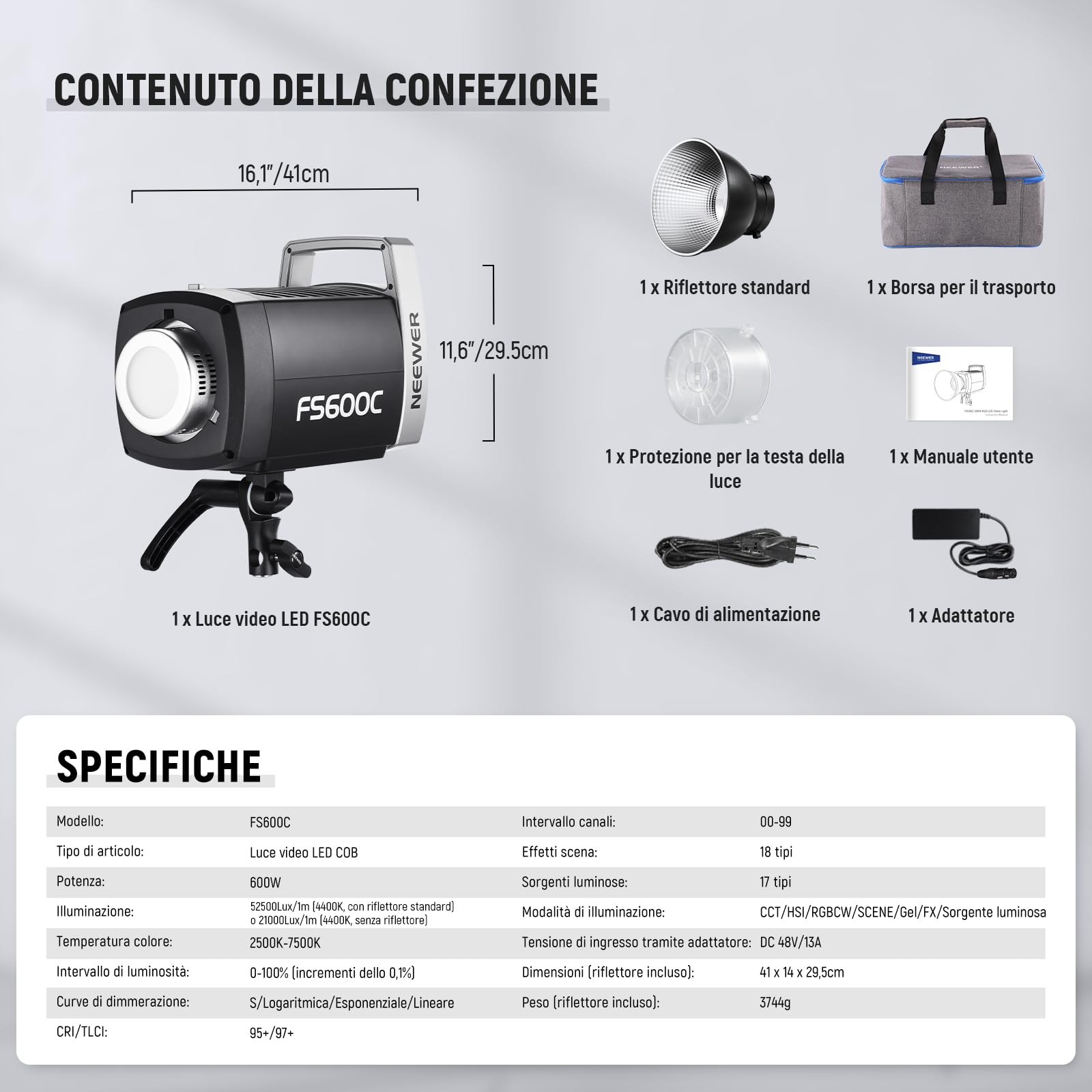 NEEWER FS600C 600W Luce Video LED RGB Pro con Controllo APP/2.4G/DMX, Illuminazione Continua COB 2500-7500K 52500lx/1m, Faretto CRI95+/TLCI97+ con Borsa per Fotografia Studio Registrazione Streaming