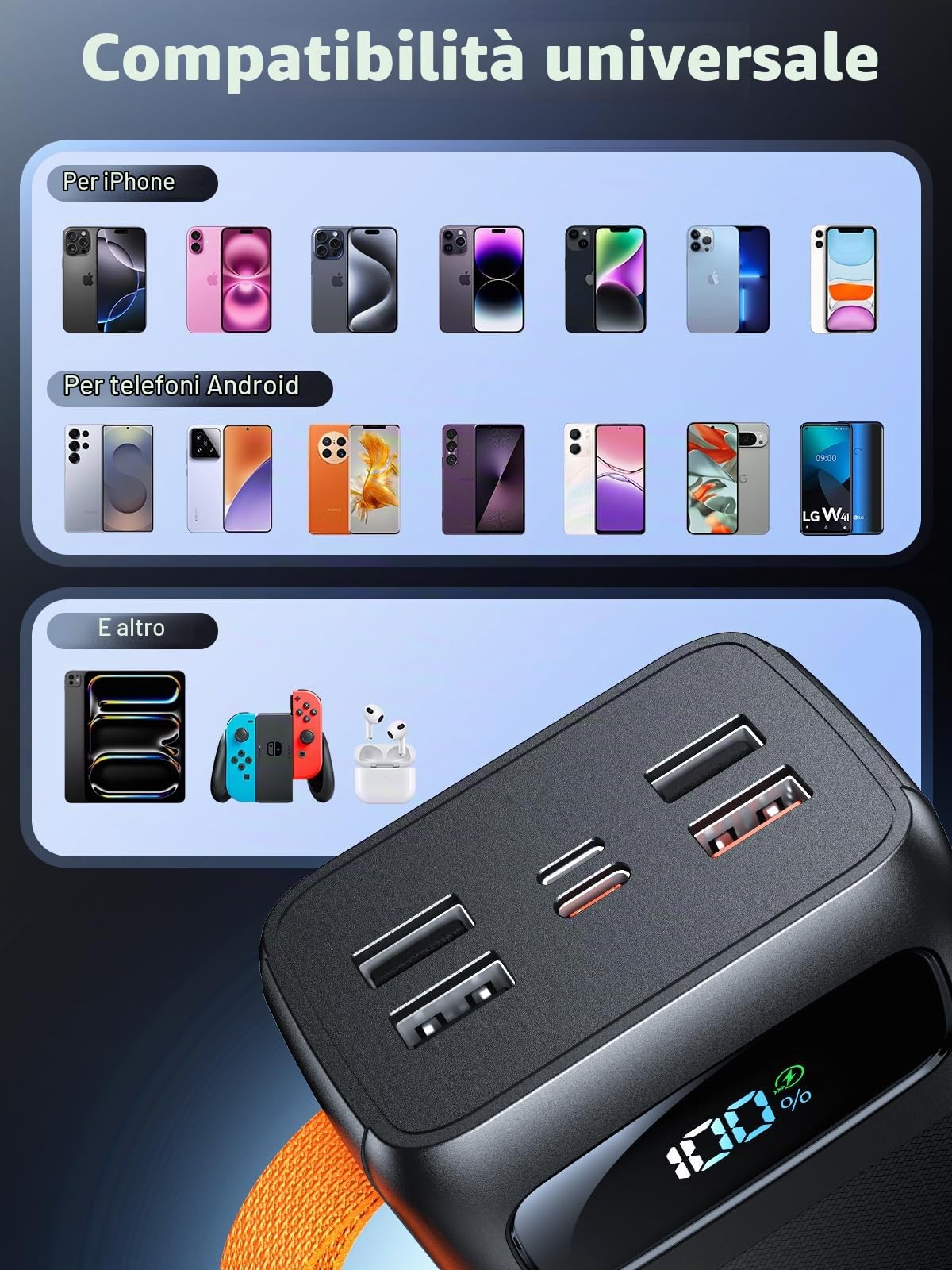 60000mAh Power Bank 45W PD Caricatore Portatile Cavi Integrati Batteria