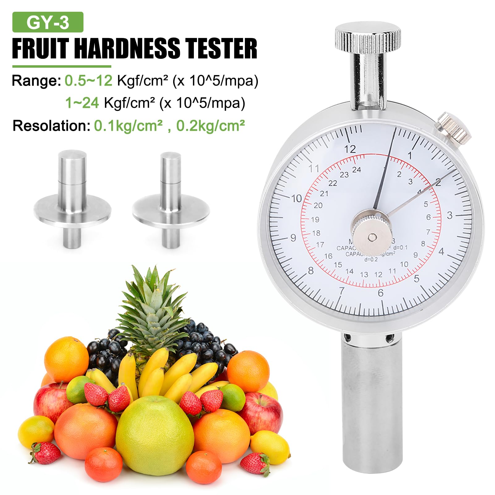 GY 03 Fruit Penetrometer Hand Fruit Sclerometer, 2 Drukkoppen Agrarisch Laboratorium Fruit Hardheid Tester voor Het Bepalen van Het Volwassenheidsniveau van Fruit, Lichtgewicht