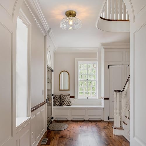 Miniatura 2 de Lámpara de techo semiempotrada de mediados de siglo, moderna pantalla de vidrio translúcido floral, accesorios de iluminación cerca del techo para