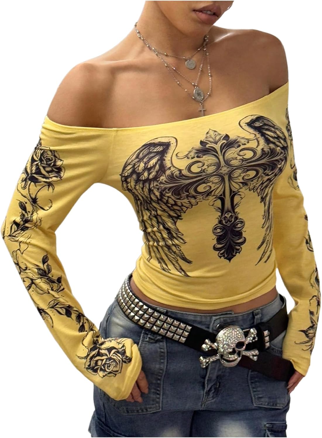 Women's Off The Shoulder Goth Graphic Tees Long Sleeve Slim Fit Y2K Crop Tops Vintage T Shirt