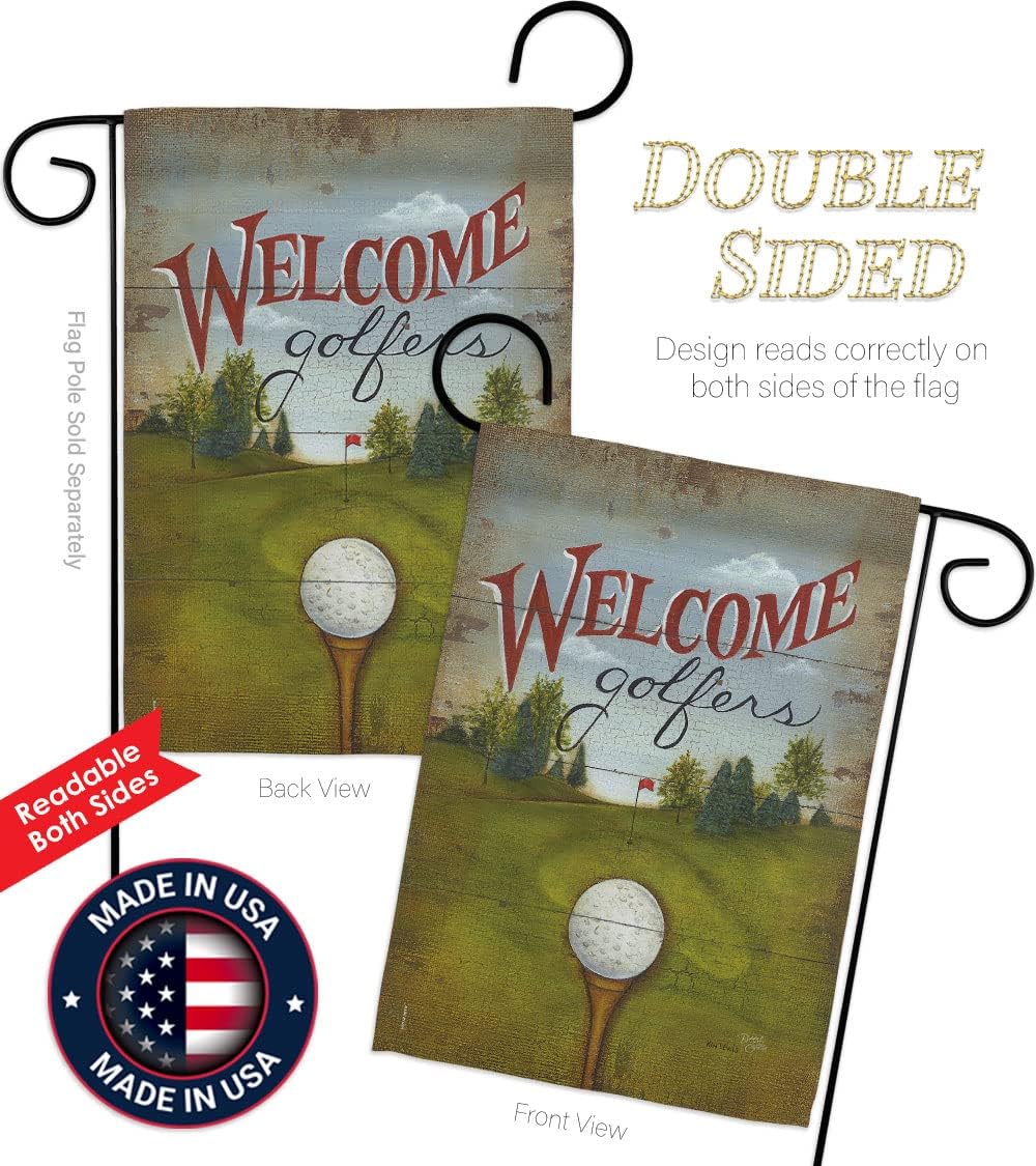 Breeze Decor Welcome Golfers Garden Flag Set with Stand Sports Golf 18 Hole Ball Championship Club Entertainment Activity Physical House Decoration Banner Small Yard Gift Double-Sided, Made in USA