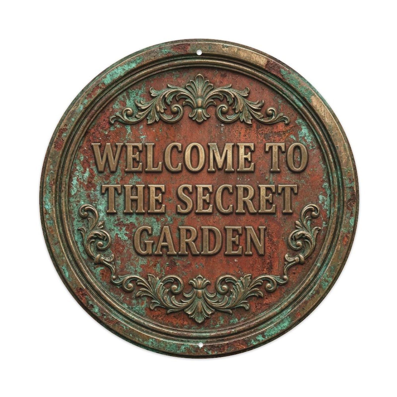 Vintage Welcome Secret Garden Bronze Rust Distressed Metal Tin Sign
