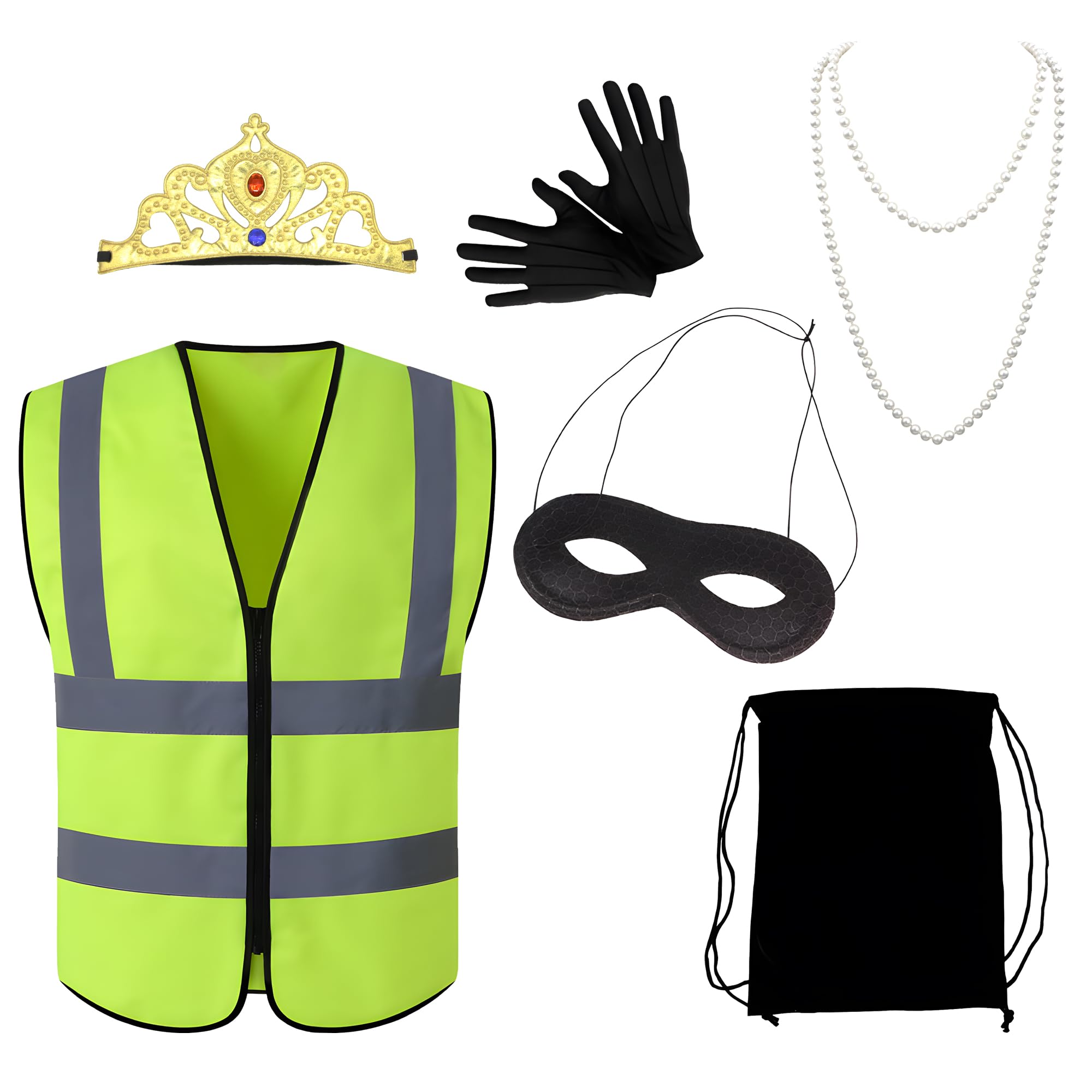 MOSNOW Bank Robber Costume Set, 6PCS Complete Outfit with Vest, Mask, Money Bag, Gloves, Crown & Pearl Necklace, Heist Fancy Dress Outfit for Theme Parties and Pranks