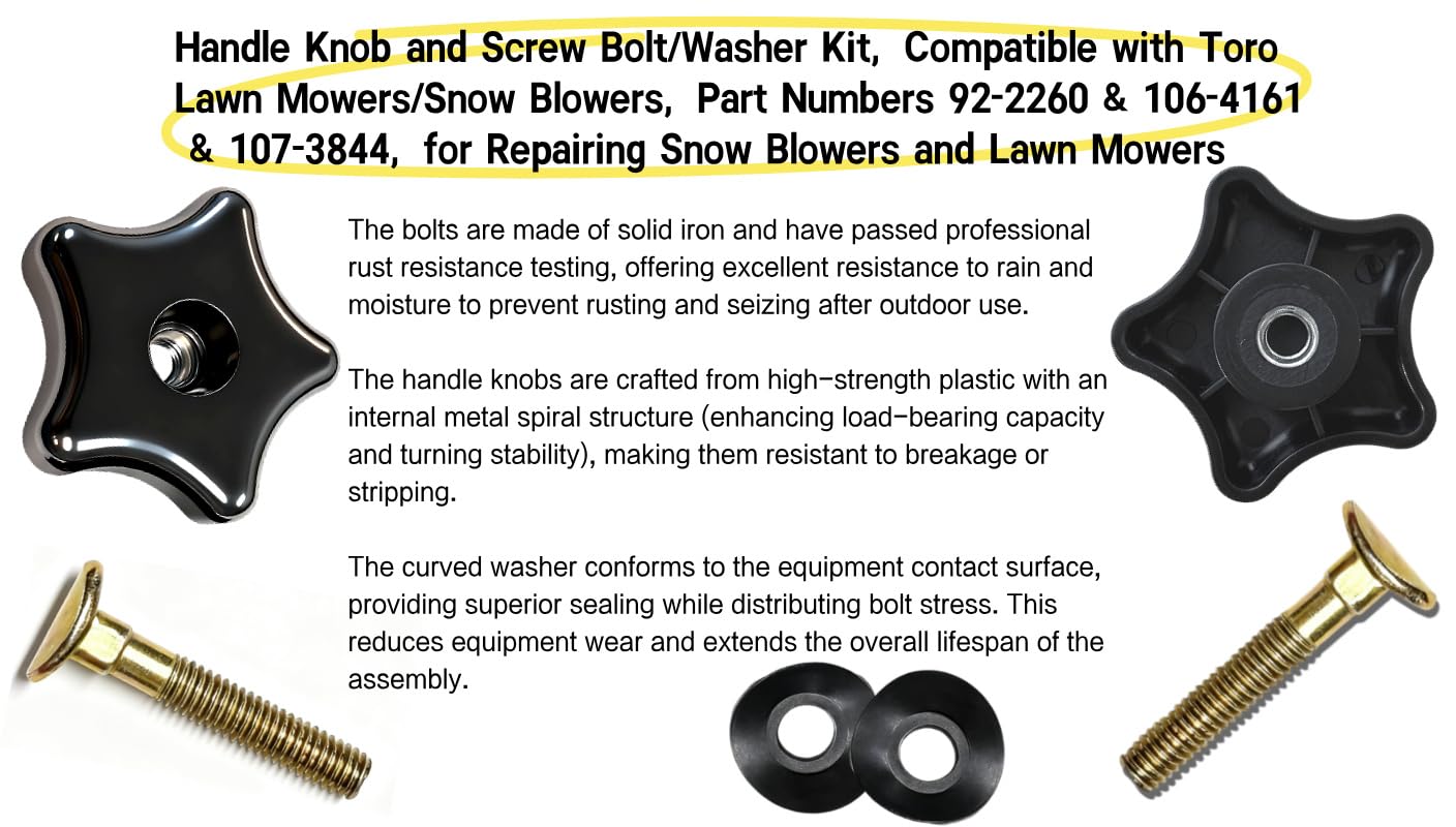 2-Piece Handle Knob and Bolt Kit with Curved Washers for Toro Lawn Mowers/Snow Blowers, Rust-Resistant Iron Bolts, Plastic Knobs with Built-in Metal Screw(3-Piece Combination Set x2)