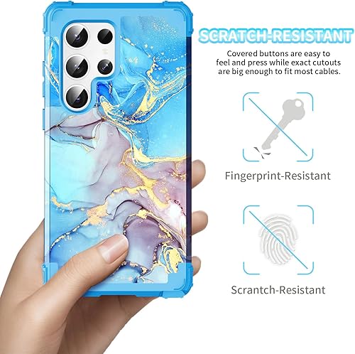 Miniatura 5 de Funda para Galaxy S23 Ultra, diseño de mármol, tres capas, resistente, a prueba de golpes, híbrida, de plástico duro, goma de silicona suave, funda
