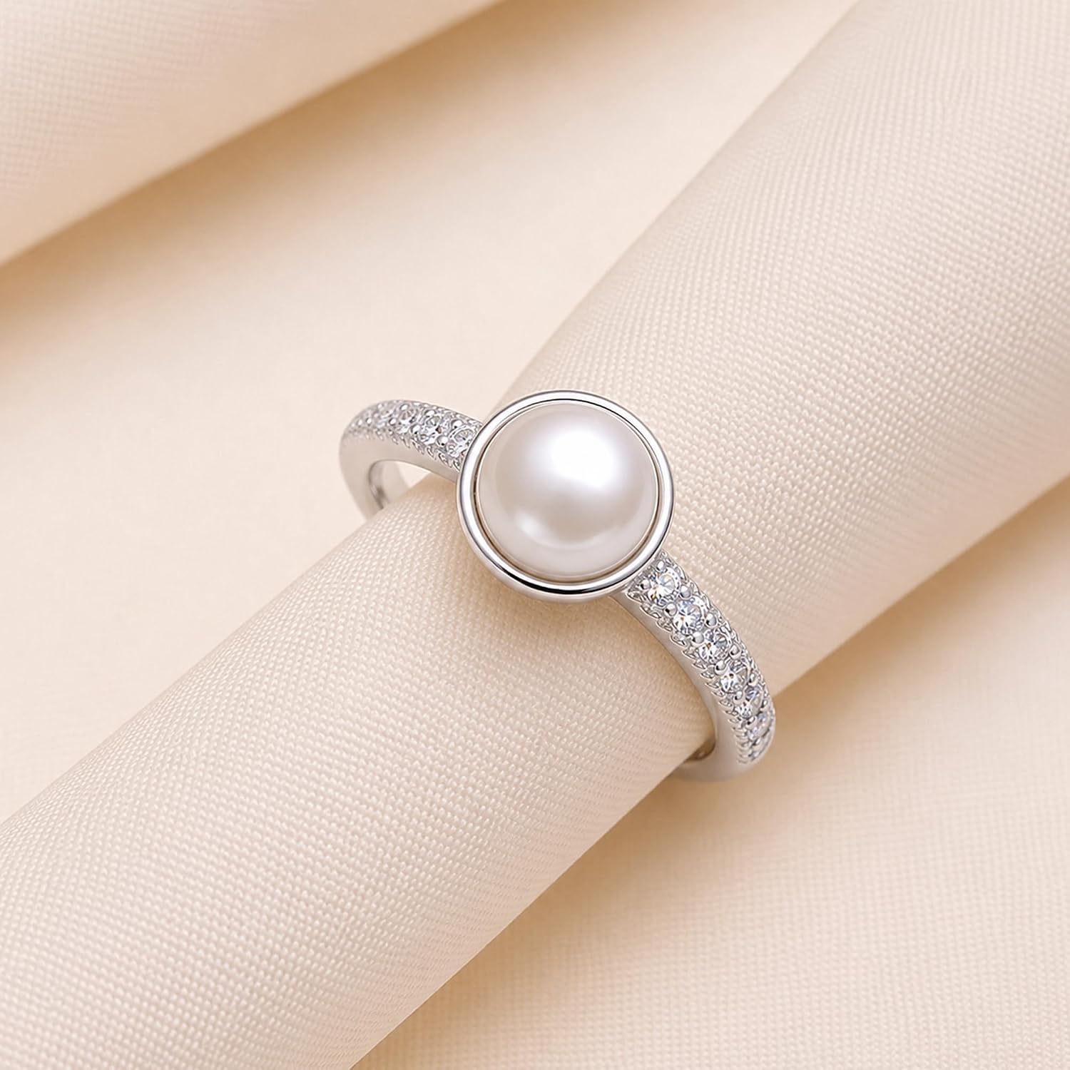 LeCalla 925 Sterling Silver Pearl Rings for Women | Women's Wedding Band Promise Ring with Pearl & Cubic Zirconia | Ring Size 5-9No