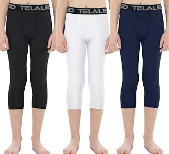 TELALEO 3/4 Boys Youth Compression Leggings Tights Base Layer Sports Running Capris Kids for Workout Training