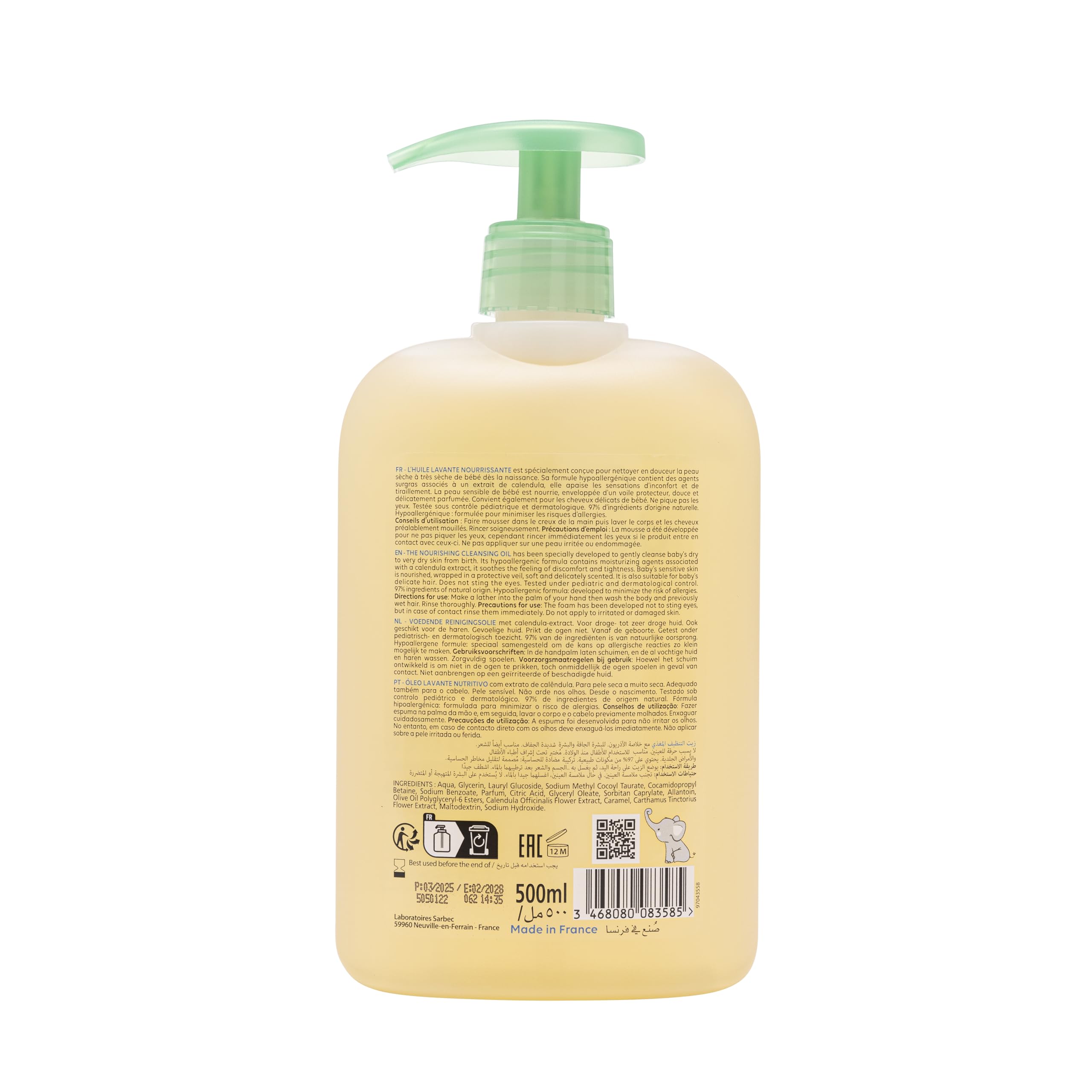 Corine de Farme, Huile Lavante Nourrissante 500ml pour Bébé, Extrait de Calendula, Hypoallergénique, Nettoyage Doux pour Peau Sèche à Très Sèche, Convient aux Cheveux, 97% Ingrédients Naturels