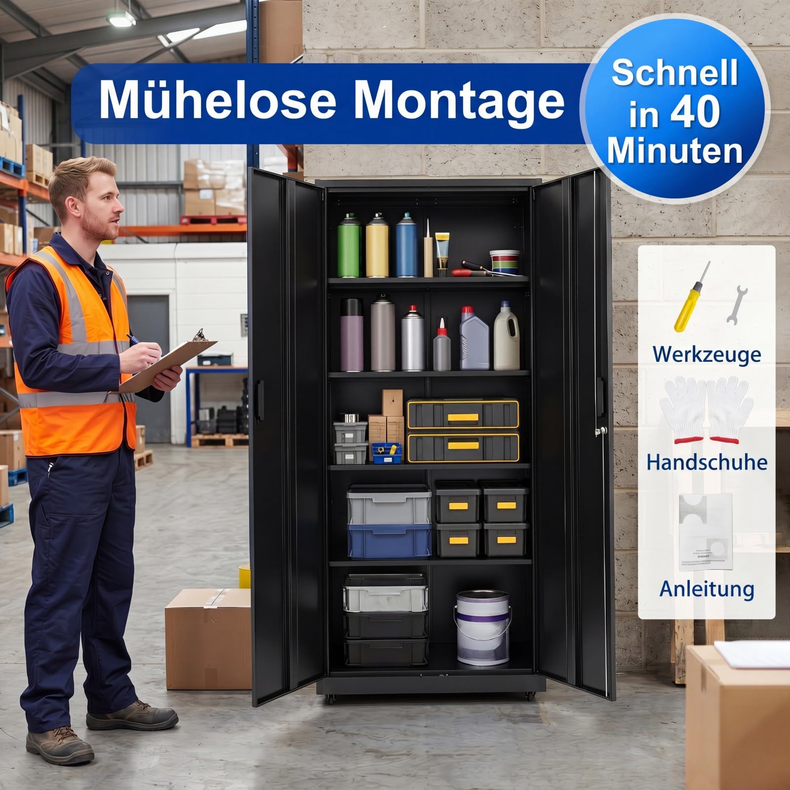COSTWAY 5 Ebenen Aktenschrank abschließbar mit Doppeltür & Rollen (Schwarz)