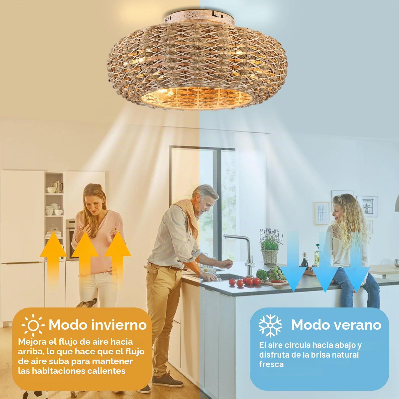 Ventilador De Techo Con Iluminación De Ratán E27 - Control Remoto Silencioso, 6 Velocidades, Temporizador Reversible - Lámpara Para Sala De Estar Y Dormitorio