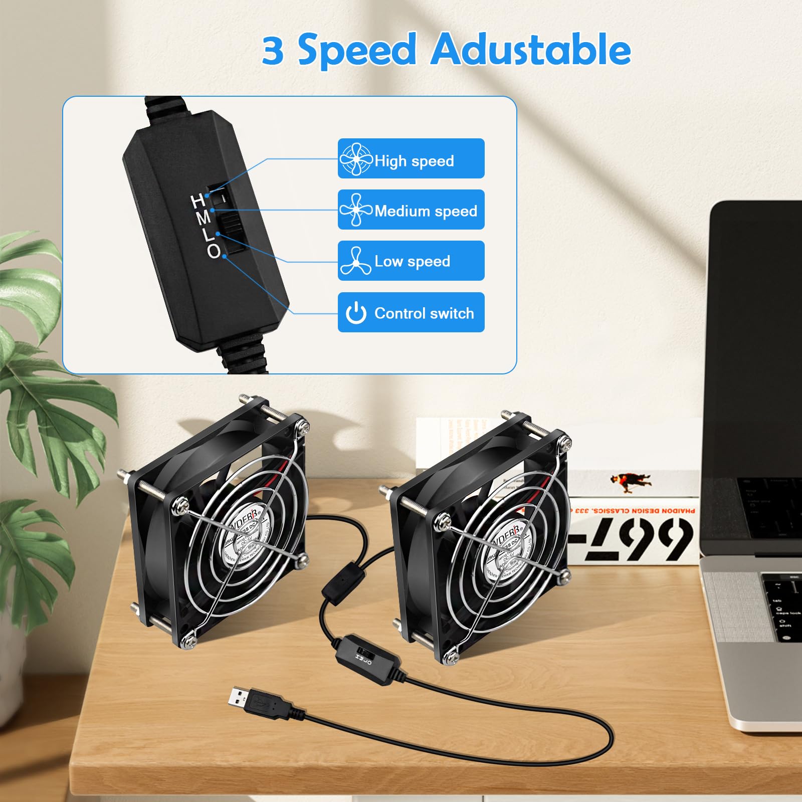 Mini ventilador USB de 80 mm para PC de refrigeración de 5 V (silencioso), ventilador de refrigerador de gabinete con controlador de velocidad