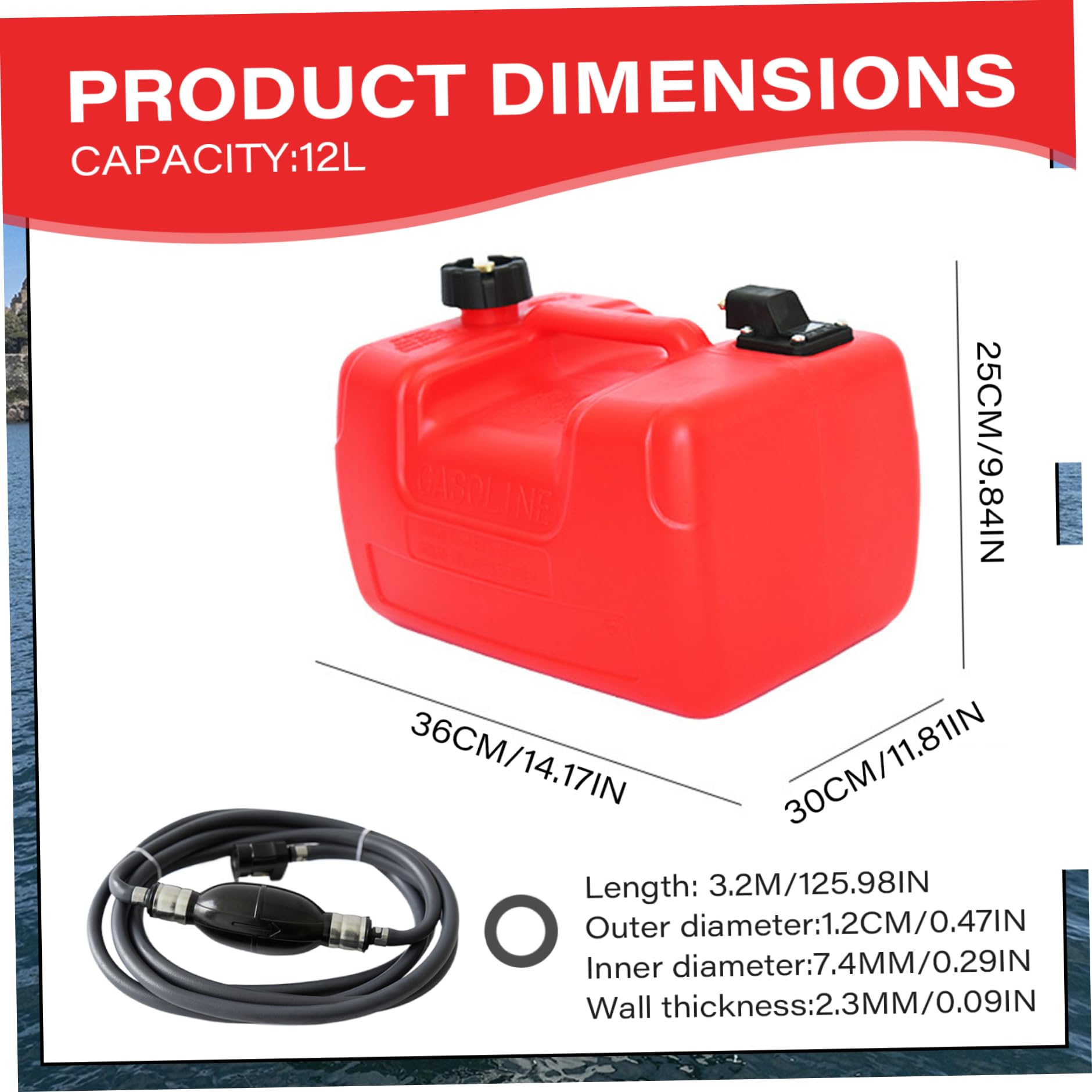 Tanque de combustible de la embarcación, tanque de combustible fuera de borda 12L 3 galones Tanque de combustible Portable de 14x11x10 pulgadas de combustible para botes con conector Tanque de gas ma