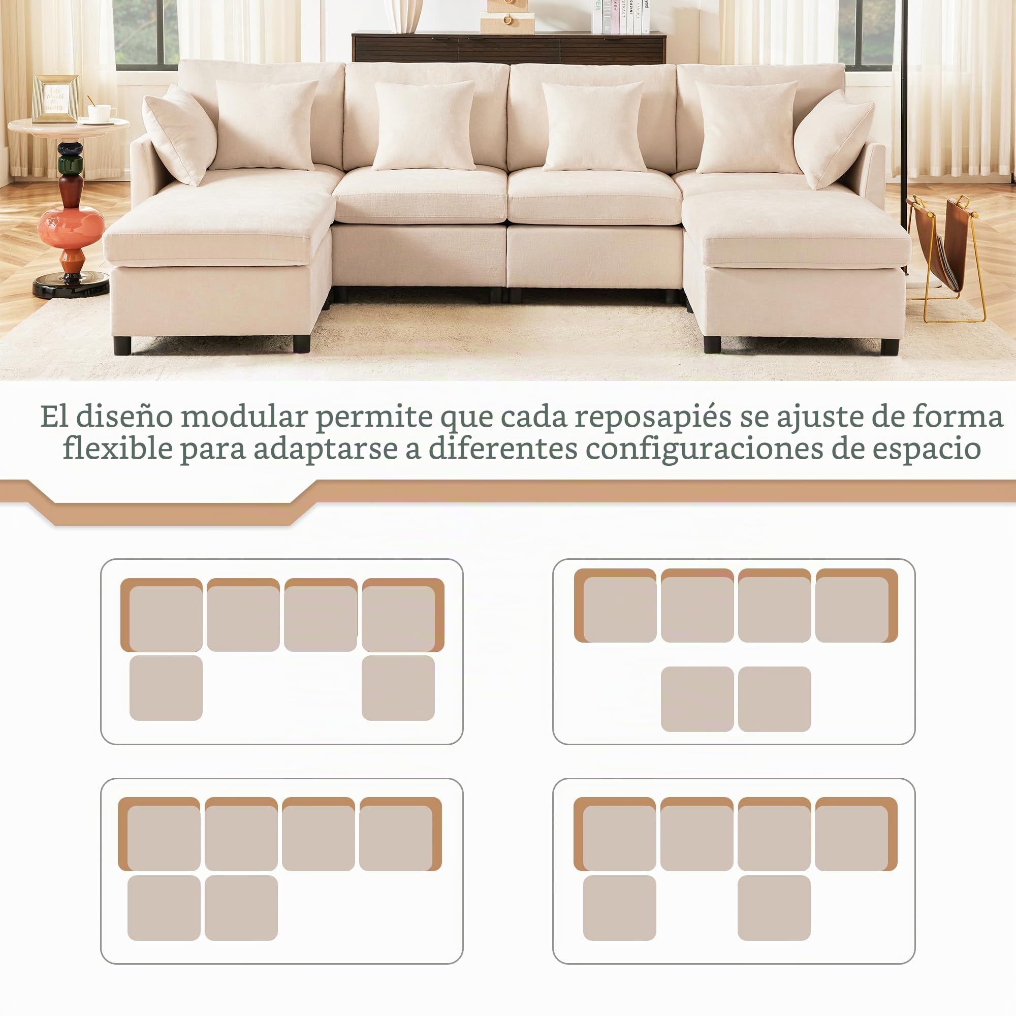 Sapgaks - Sofá de 4 plazas moderno de tela de chenilla con reposapiés extraíble, sofá esquinero en L/U, sofá modulable, adecuado para casa, salón, apartamento (E-Beige)