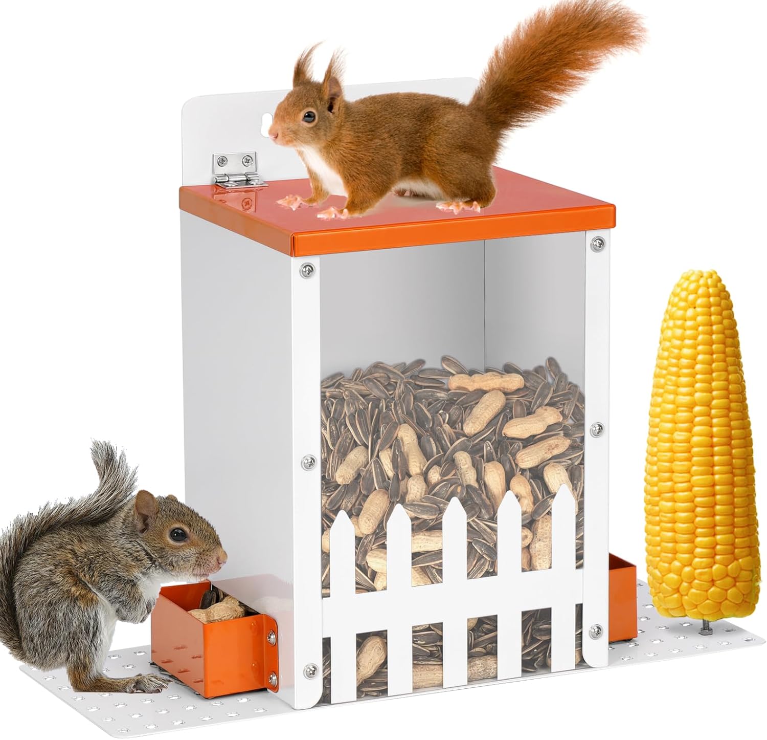 Metal Squirrel Feeders for Outside,Hanging Squirrel Box and Window Squirrel Feeder with Corn Cob Holder for Squirrel, Chipmunks (Orange)