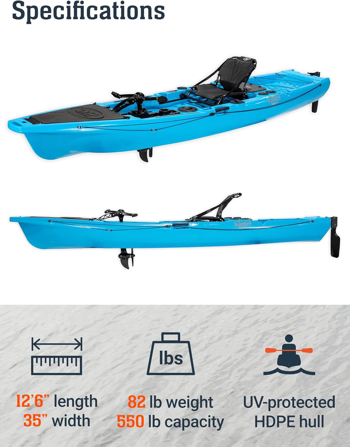 Brooklyn 12.5 Pro Pedal Propeller Drive Fishing Kayak by BKC, Sit-on-Top Single Kayak with Rudder System, Dry Storage, Rod Holders & 550 lb Capacity