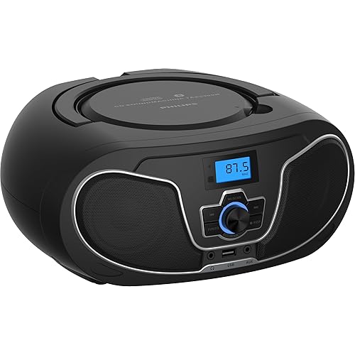 Philips CD Player Boombox, Dynamic Bass Boost with Bluetooth, FM Radio, USB Playback & AUX Input, Portable Top-Loading Boombox, Clear Stereo, RW/MP3 Compatible (Black)