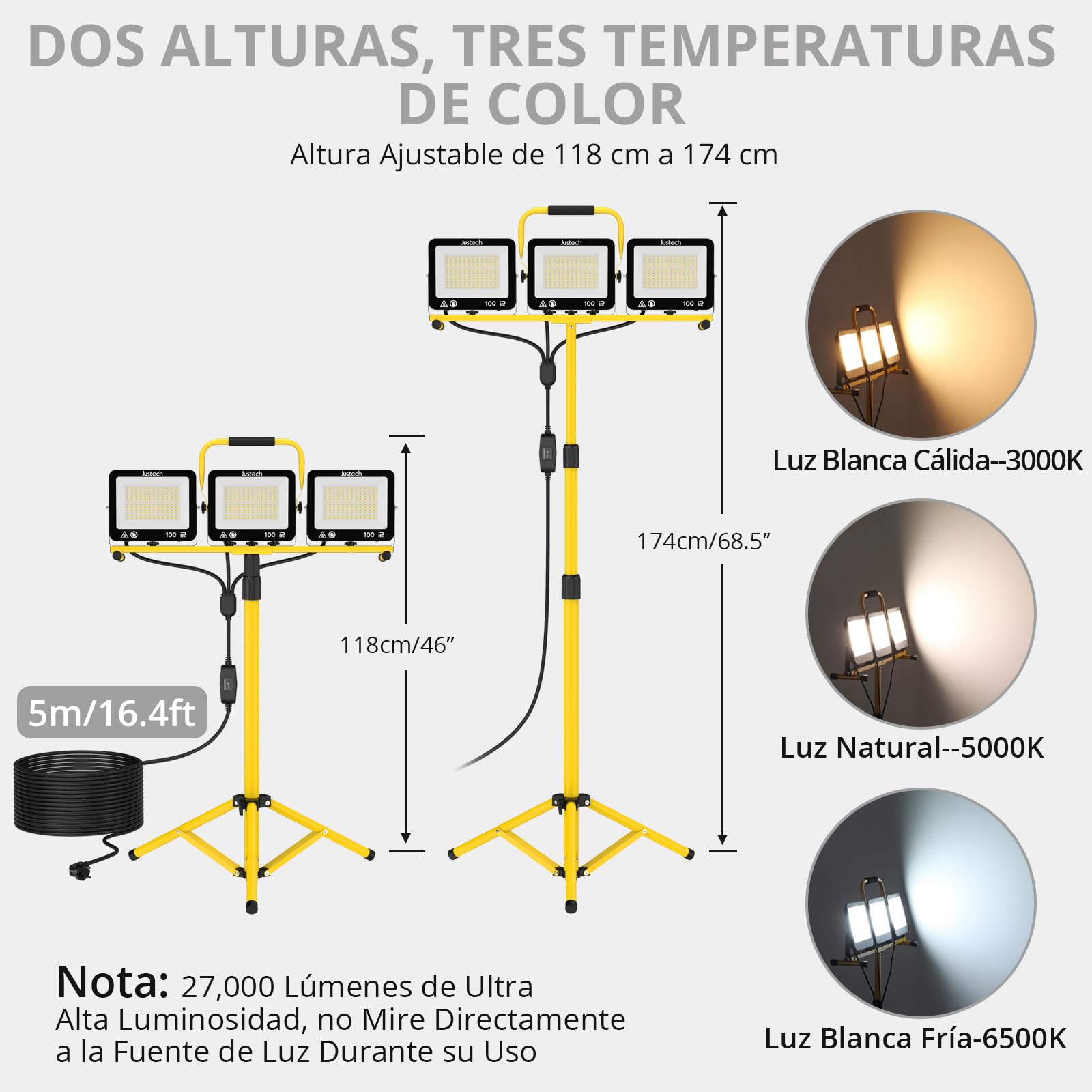 Justech Foco LED 3x 100W,Foco de Trabajo 27000LM con Trípode Telescópico y Cable de 5M,IP66 Impermeable,Luz de Trabajo 3000K/5000K/6000K para Obras